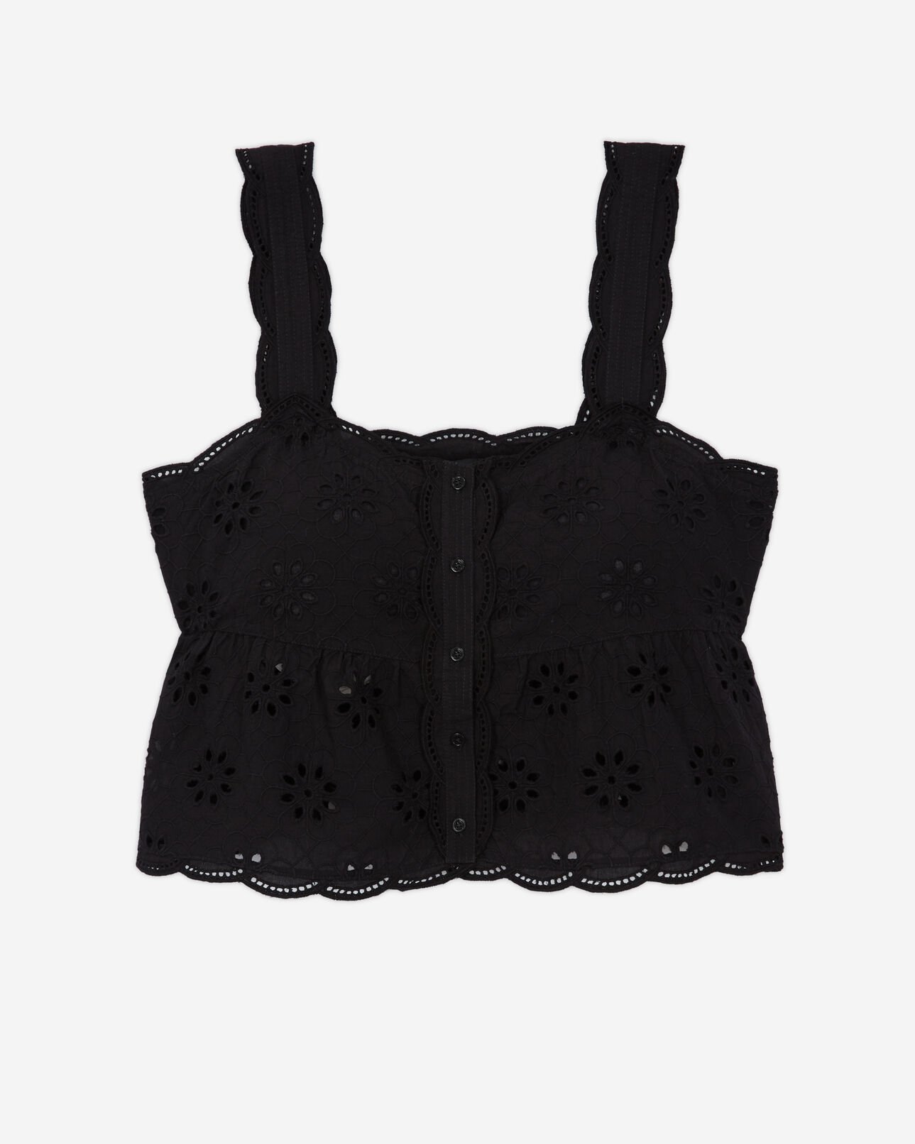 The Kooples DAMEN BLACK kurzes, schwarzes top mit englischer stickerei