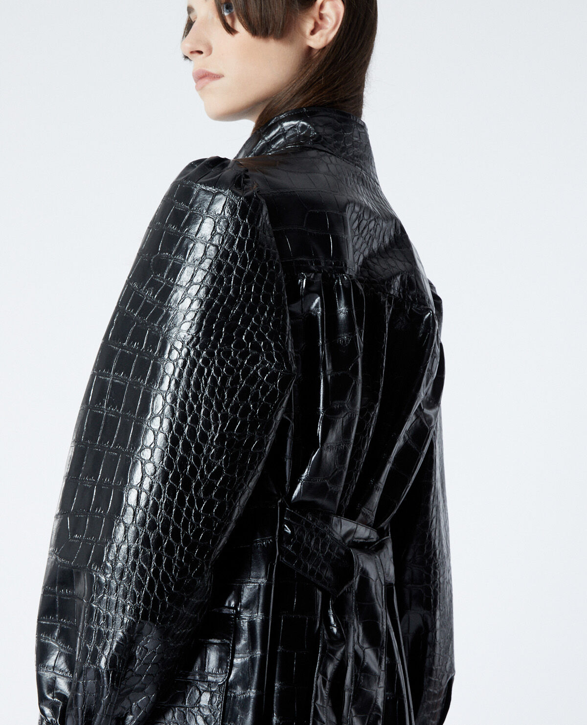 Long black coat w croc print leather collar The Kooples