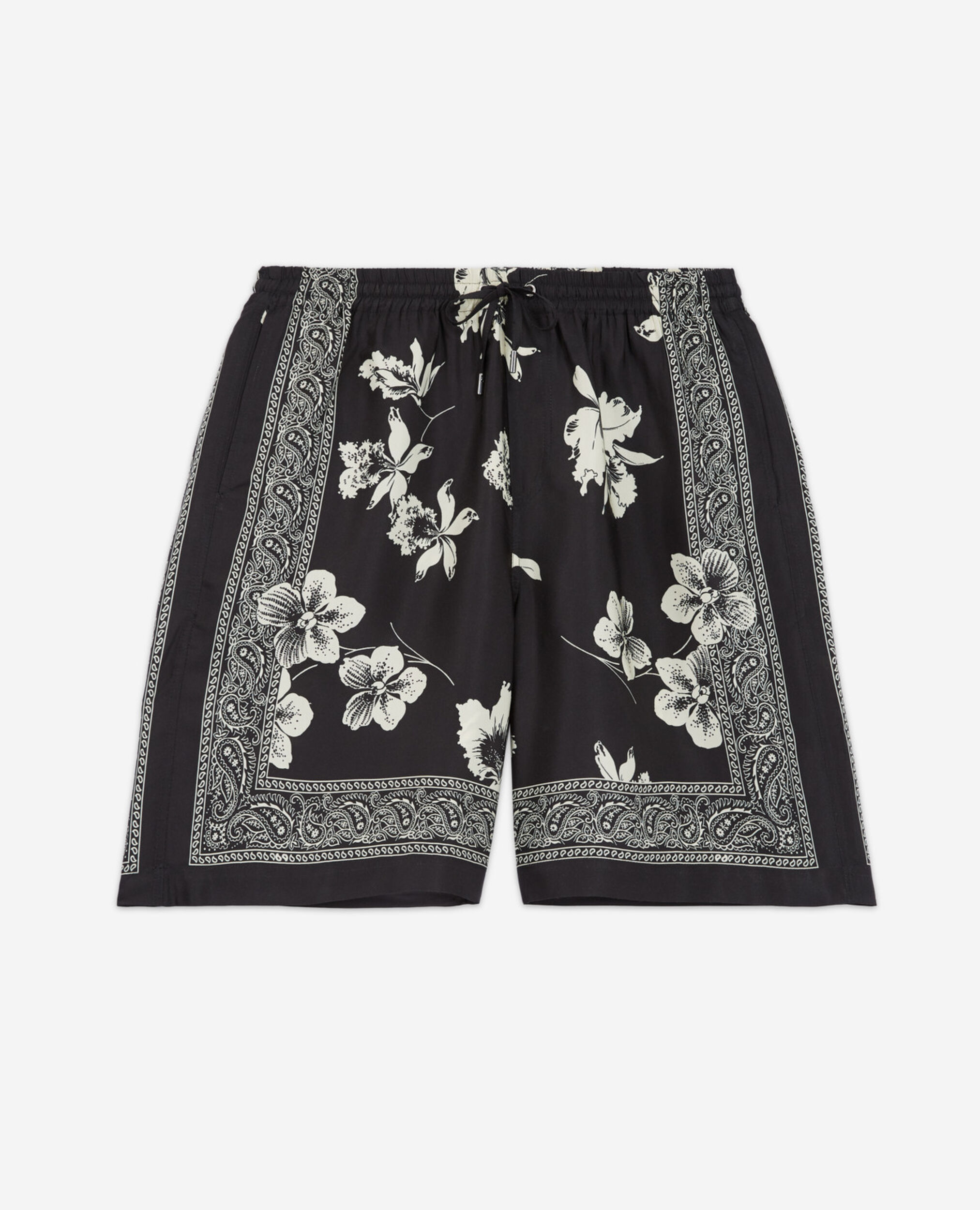 Flowing black - white shorts w/ floral motif, BLACK WHITE, hi-res image number null