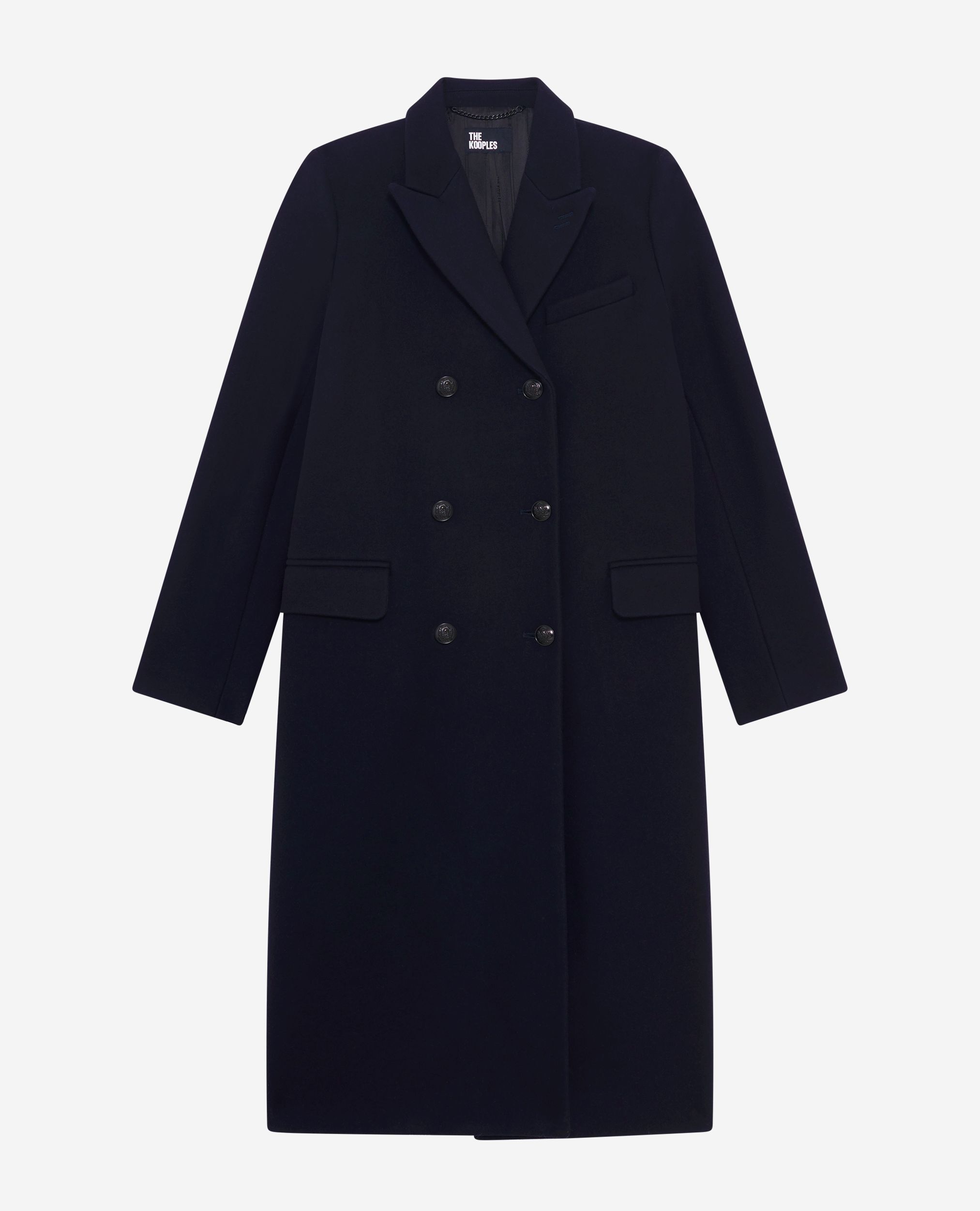Long double-breasted coat in navy wool | The Kooples US