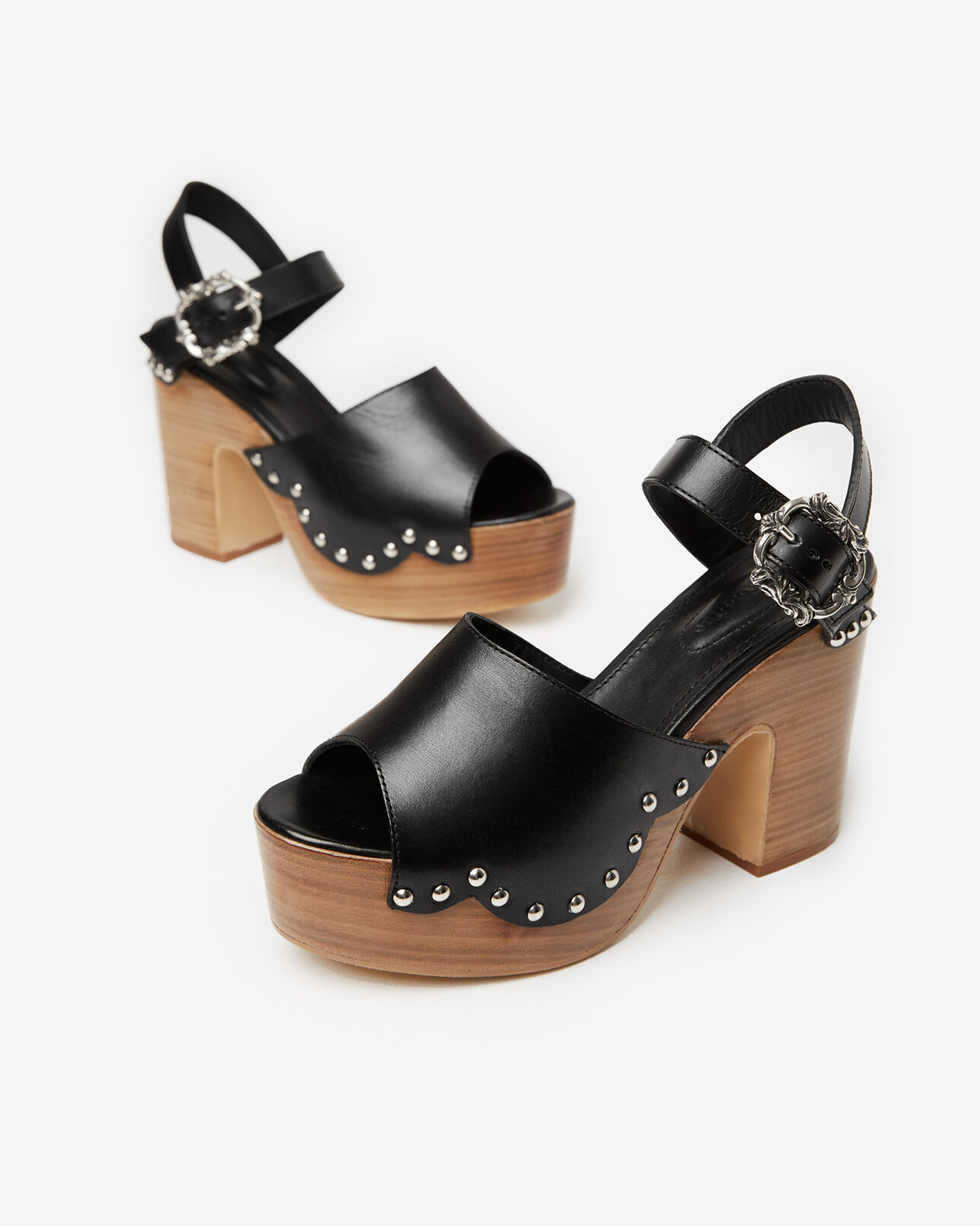 The Kooples WOMEN BLACK leather and wood sandals with heels