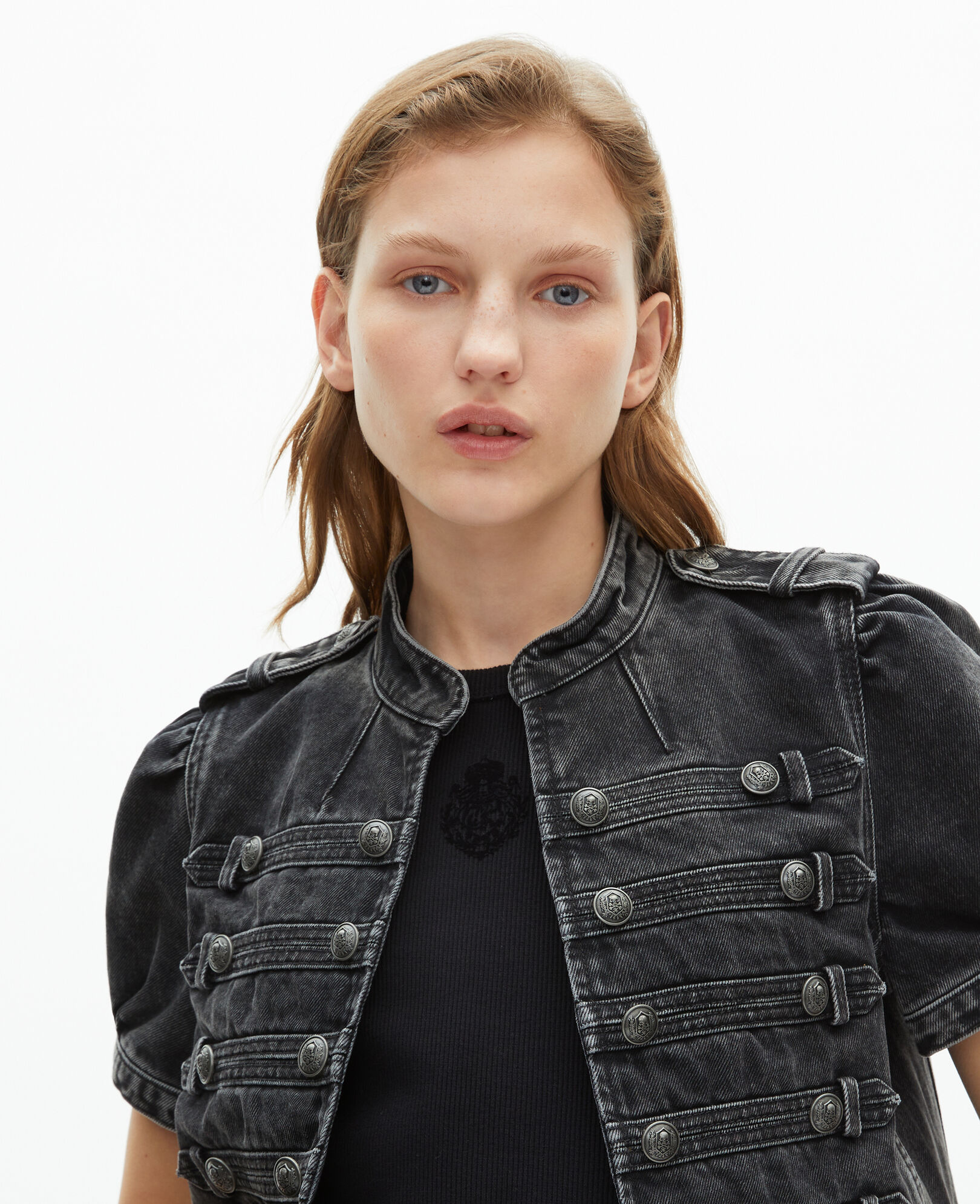 The Kooples WOMEN BLACK WASHED grey denim officer style jacket