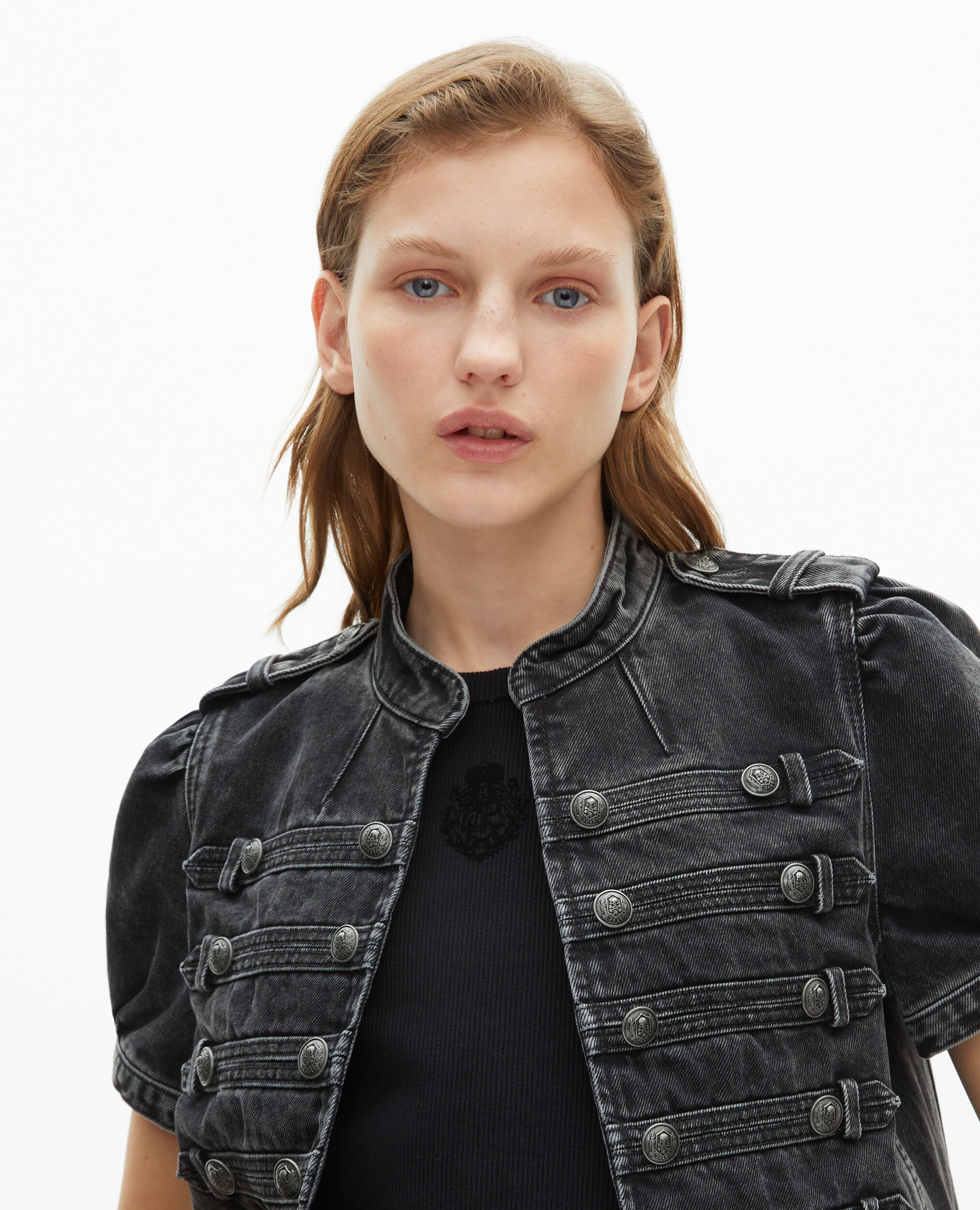 Grey denim officer style jacket, BLACK WASHED, hi-res image number null