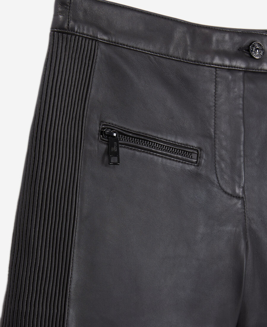 black leather shorts with pintuck details