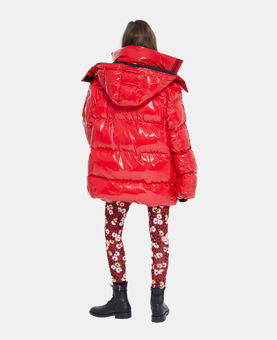 red oversized vinyl down jacket with straps and logo