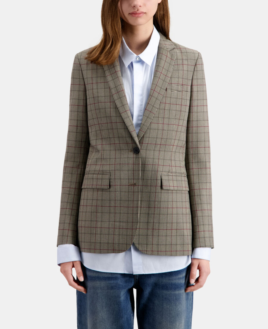 beige and burgundy prince of wales blazer