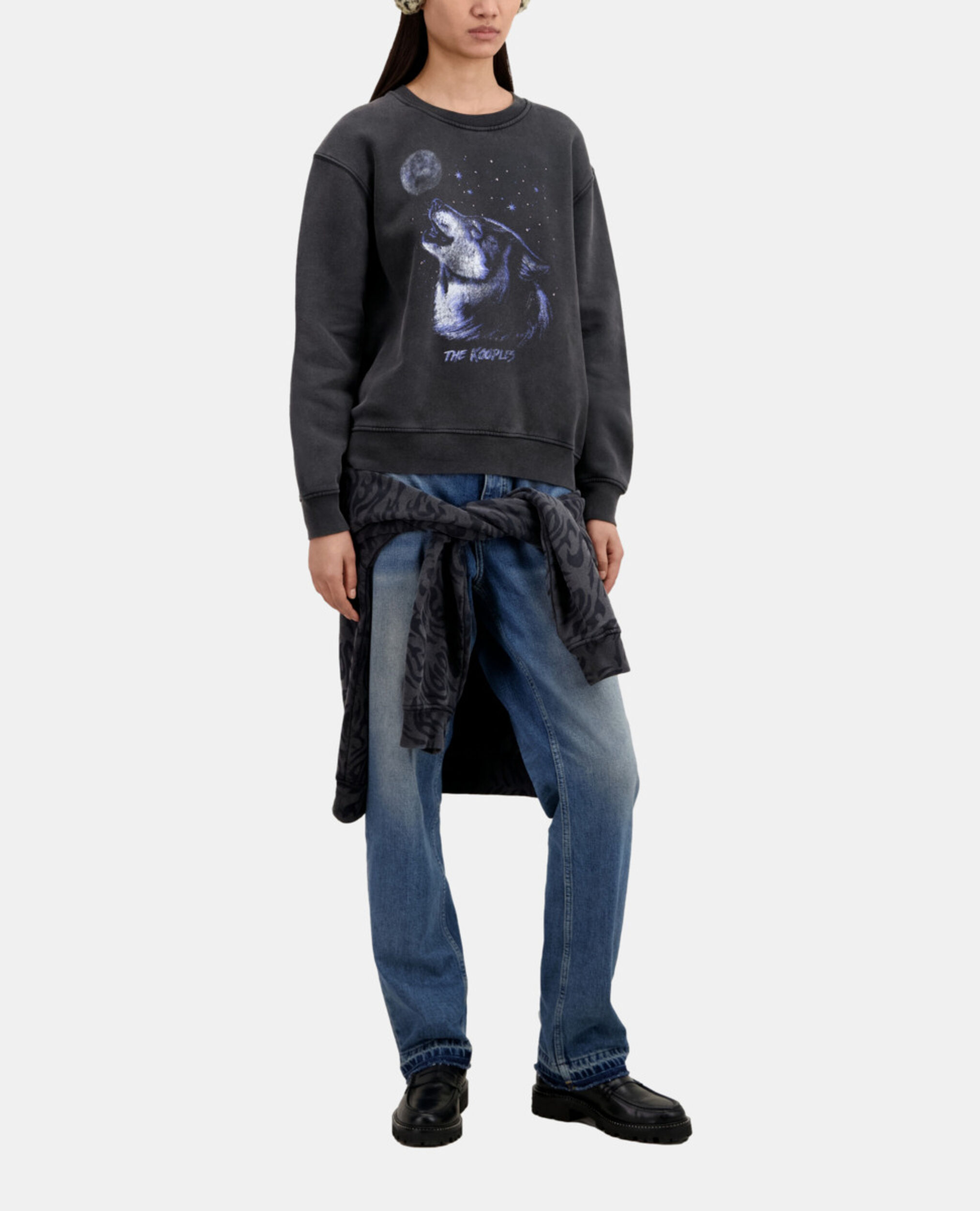 Damen Schwarzes Sweatshirt mit „Wolf“-Siebdruck, BLACK WASHED, hi-res image number null