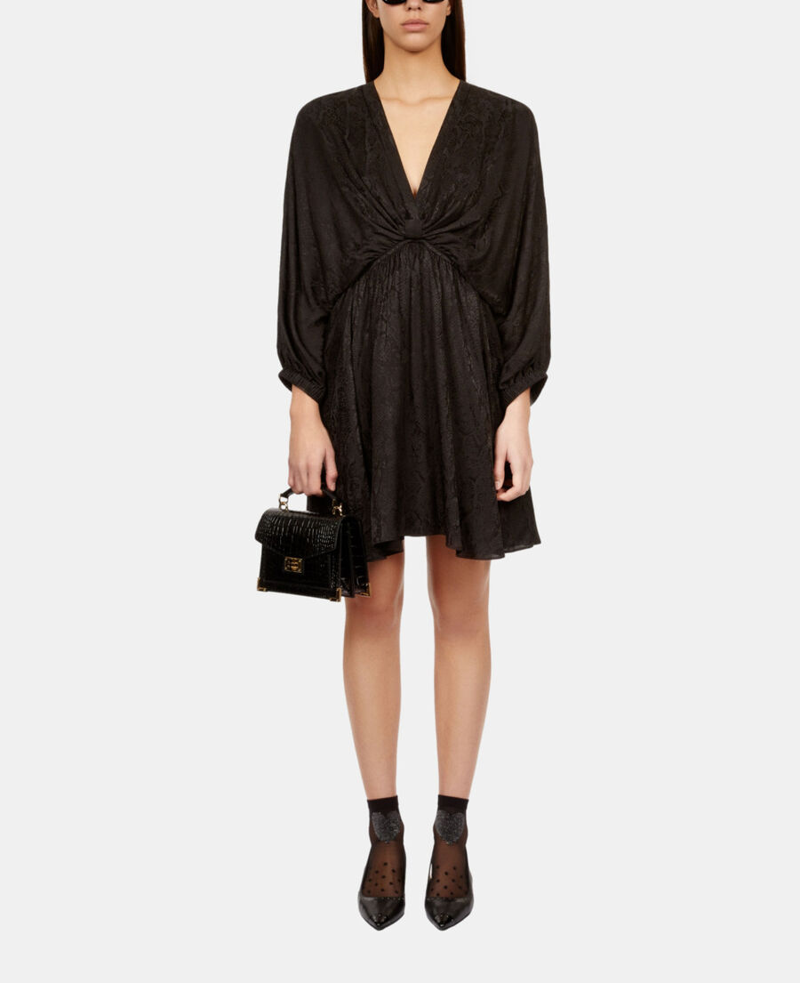 The Kooples DAMEN BLACK schwarzes kurzes jacquardkleid in pythonoptik mit drapierung