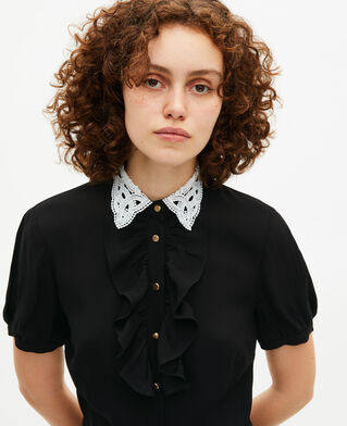 The Kooples FEMME BLACK robe à col brodé contrasté courte noire