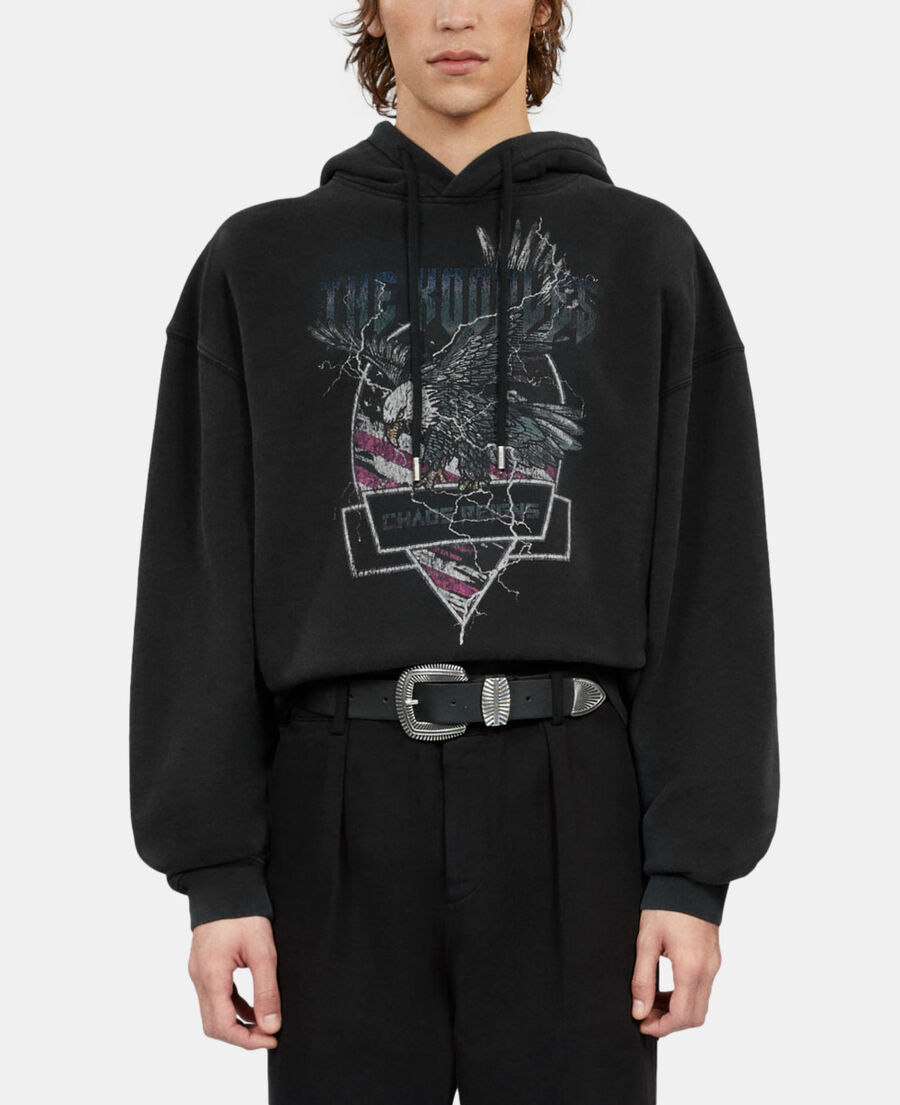 The Kooples MEN BLACK WASHED black hoodie with chaos eagle serigraphy