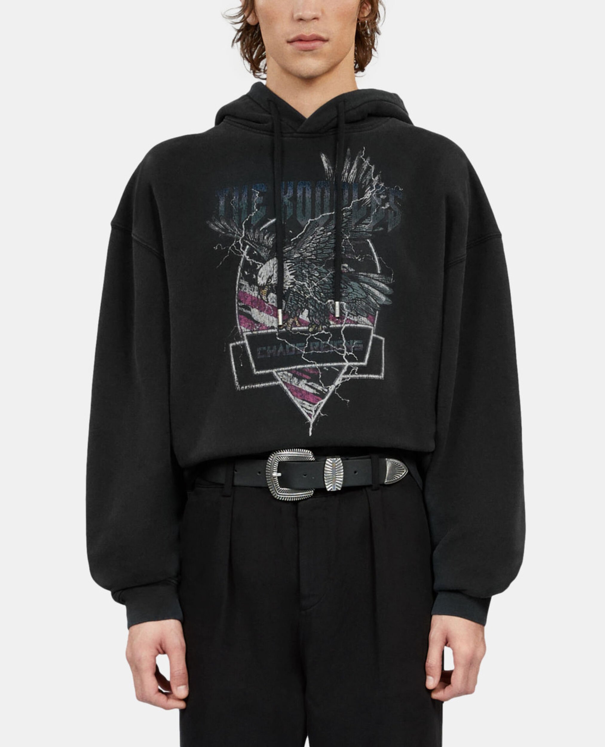 Black hoodie with Chaos eagle serigraphy, BLACK WASHED, hi-res image number null