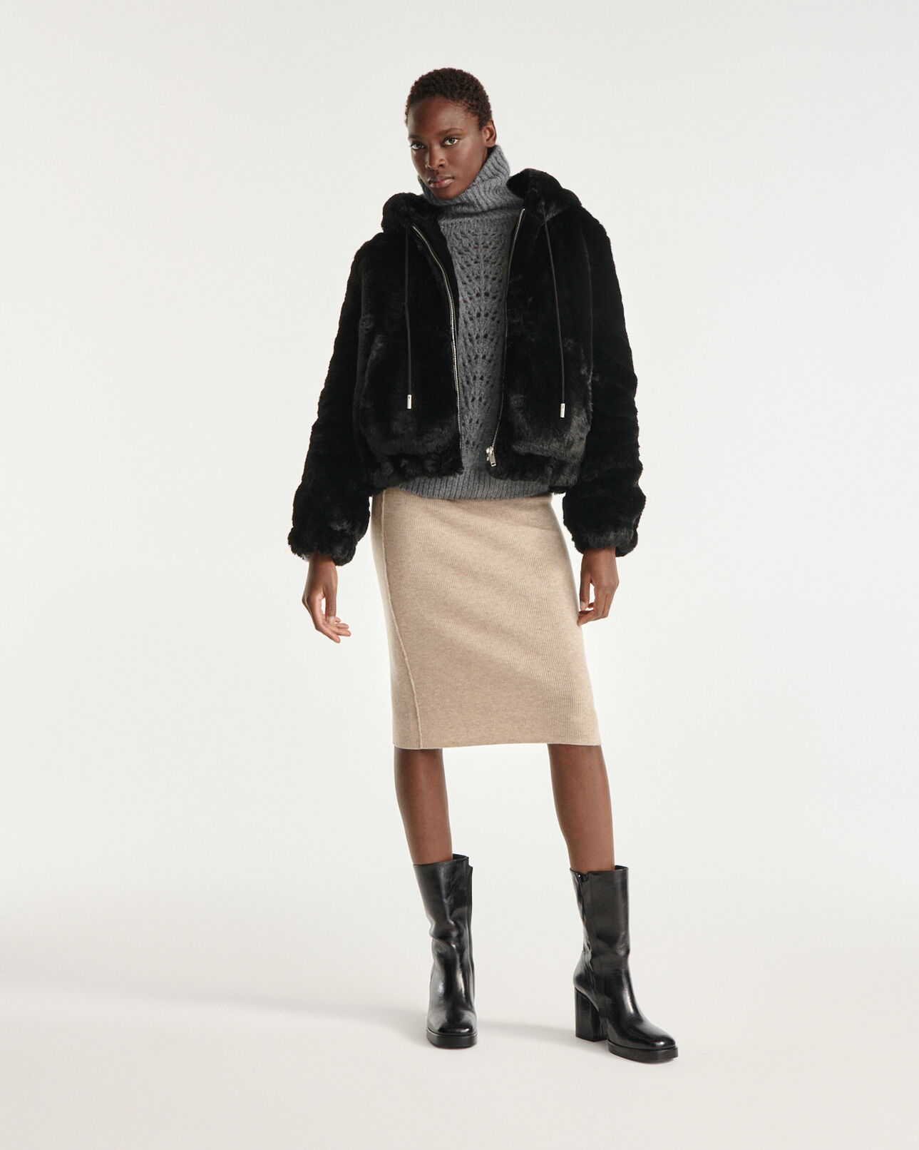 The Kooples WOMEN BLACK black faux fur coat with reversible hood