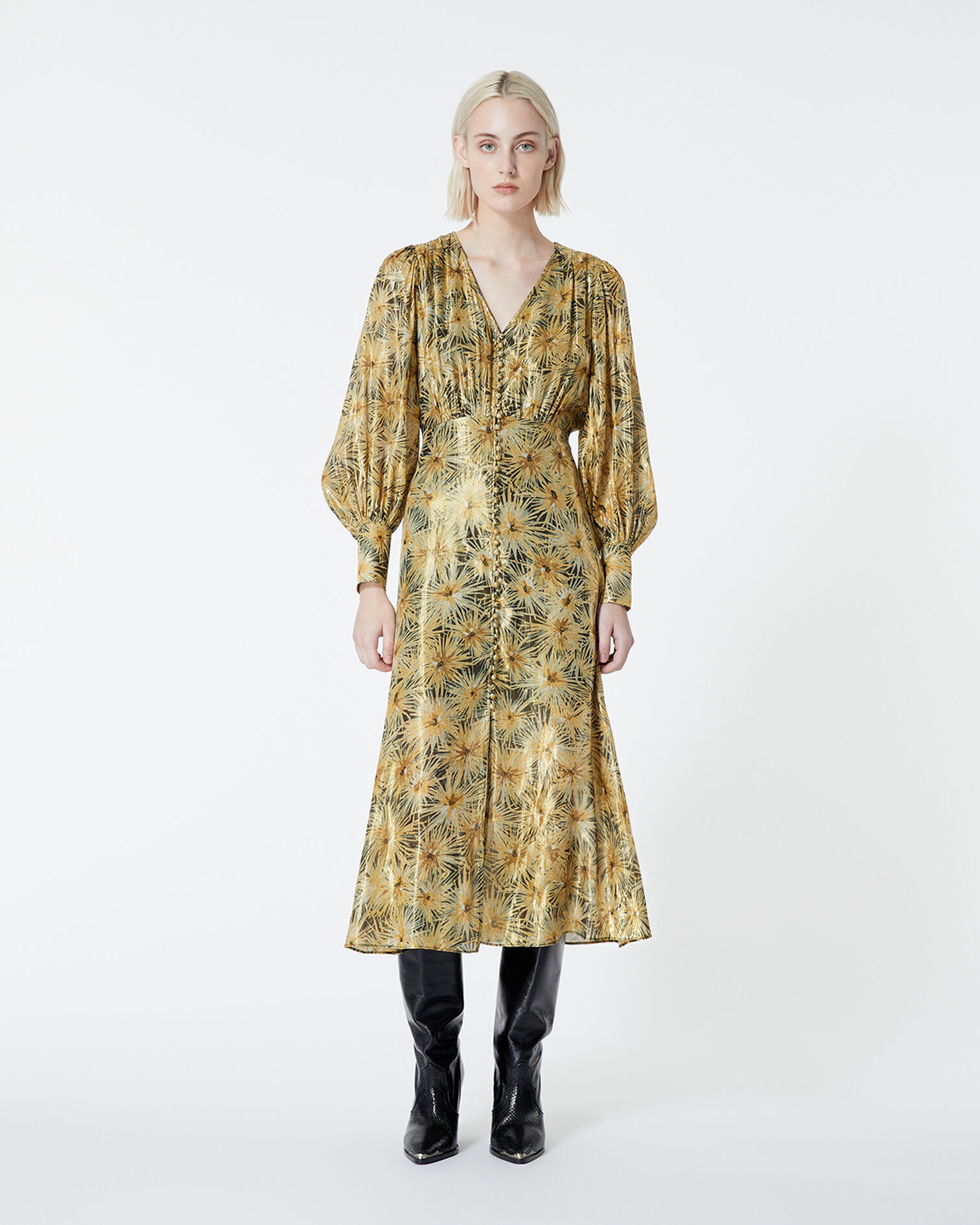Kleid lang geknöpft Print golden, BLACK / GOLD, hi-res image number null