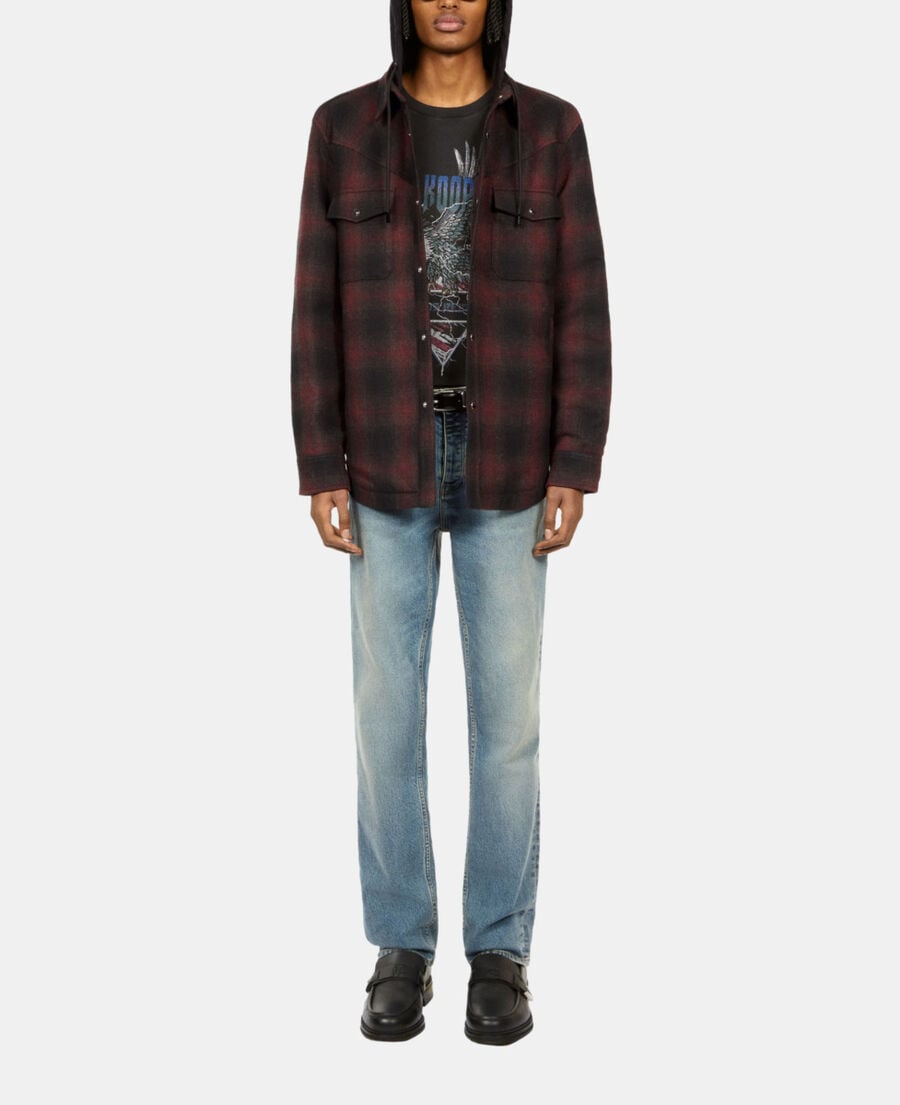 The Kooples HOMME BLACK-BORDEAUX blouson &agrave; capuche style surchemise &agrave; carreaux