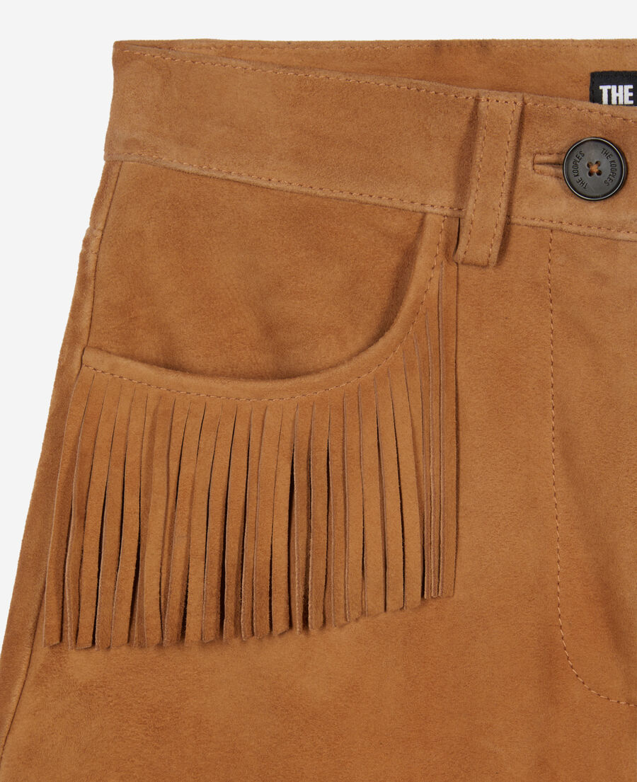 camel leather shorts with fringes