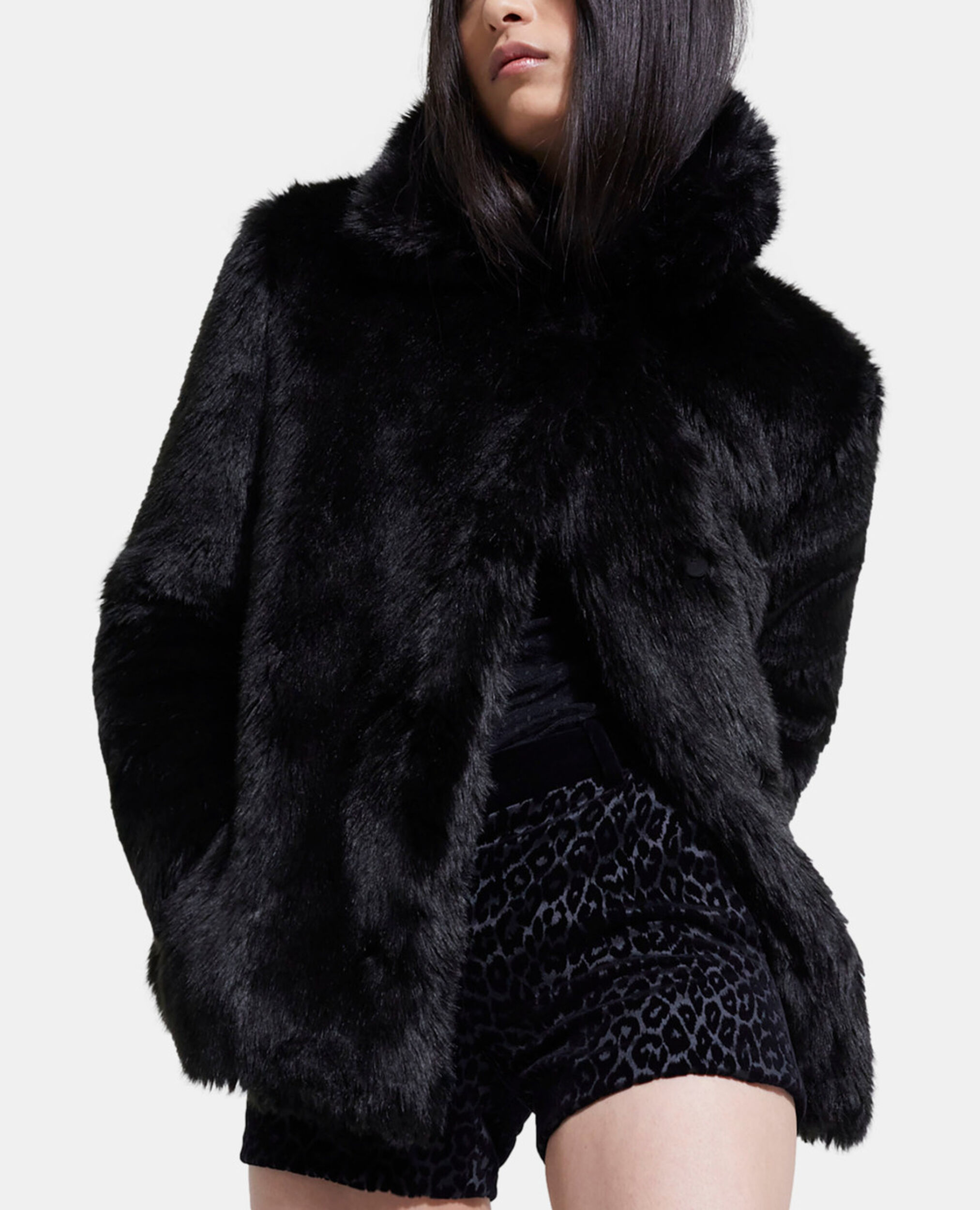 Black faux fur coat, BLACK, hi-res image number null