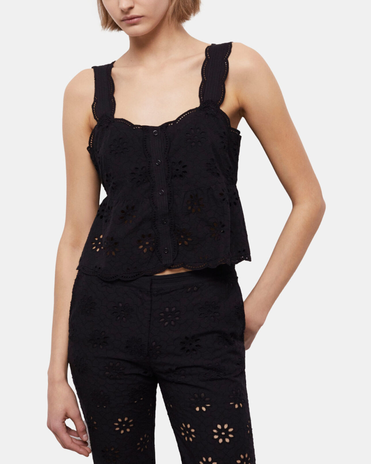 The Kooples DAMEN BLACK kurzes, schwarzes top mit englischer stickerei