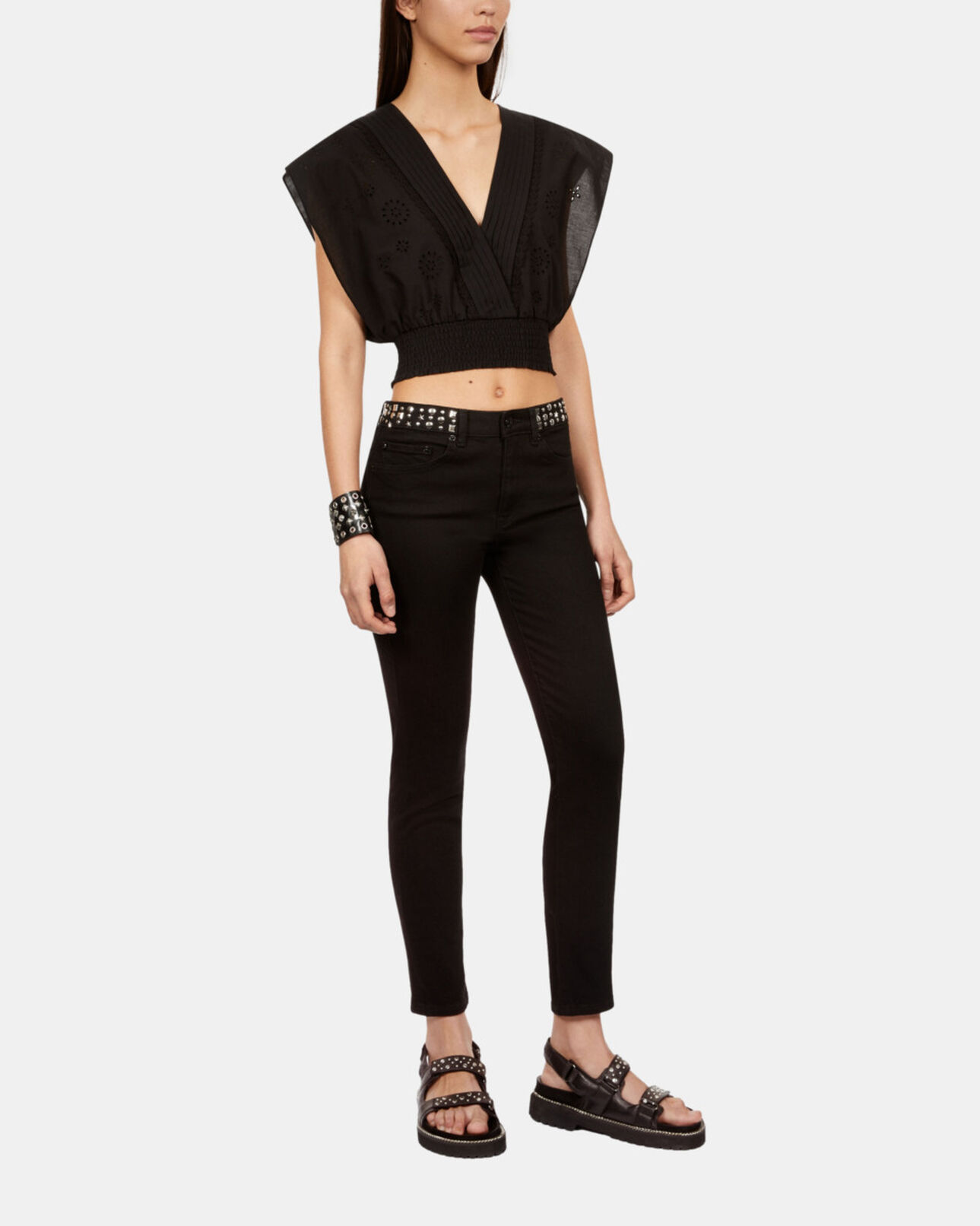 The Kooples FEMME BLACK WASHED jean slim noir avec clous et étoiles