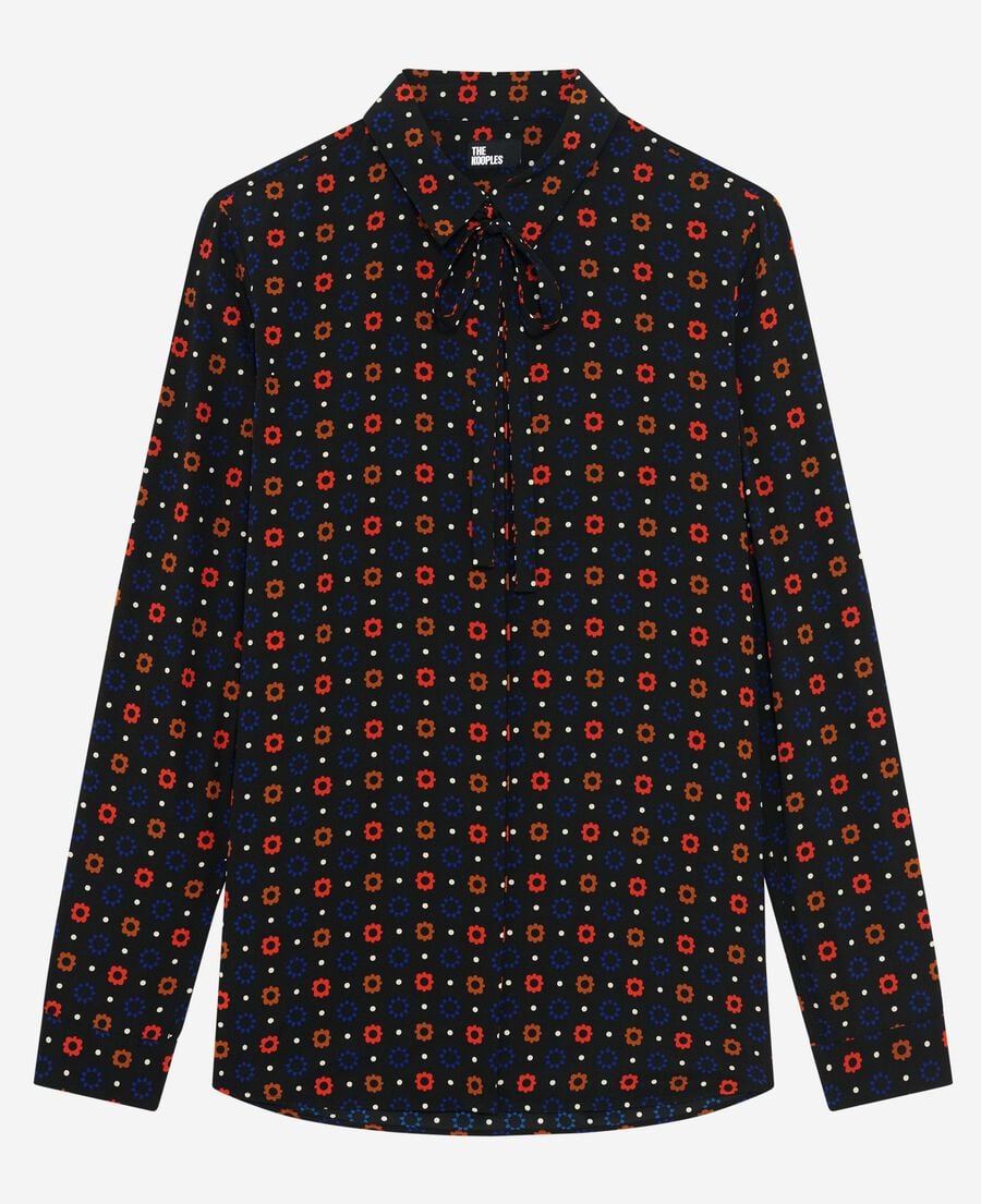 The Kooples WOMEN BLACK MELANGE black silk blend polka dot and floral print shirt
