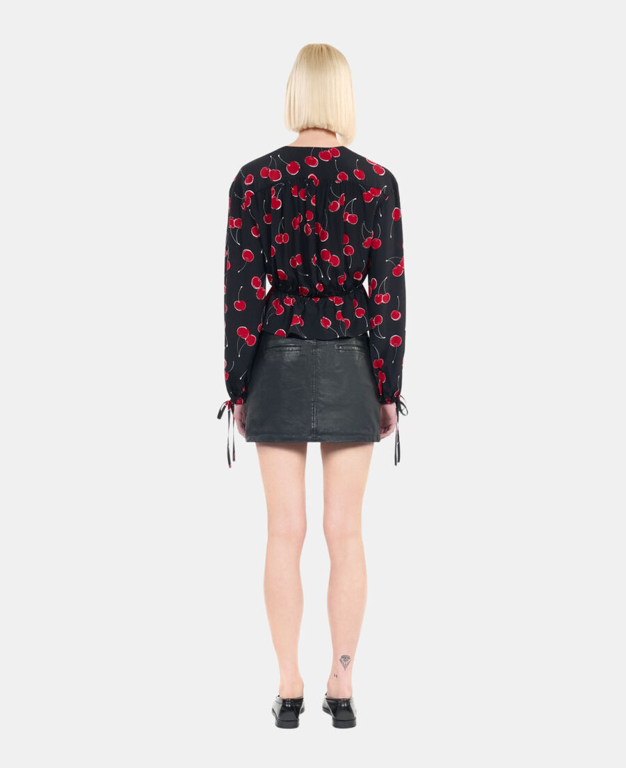 The Kooples F BLACK - RED cherry printed cropped top with ruffles