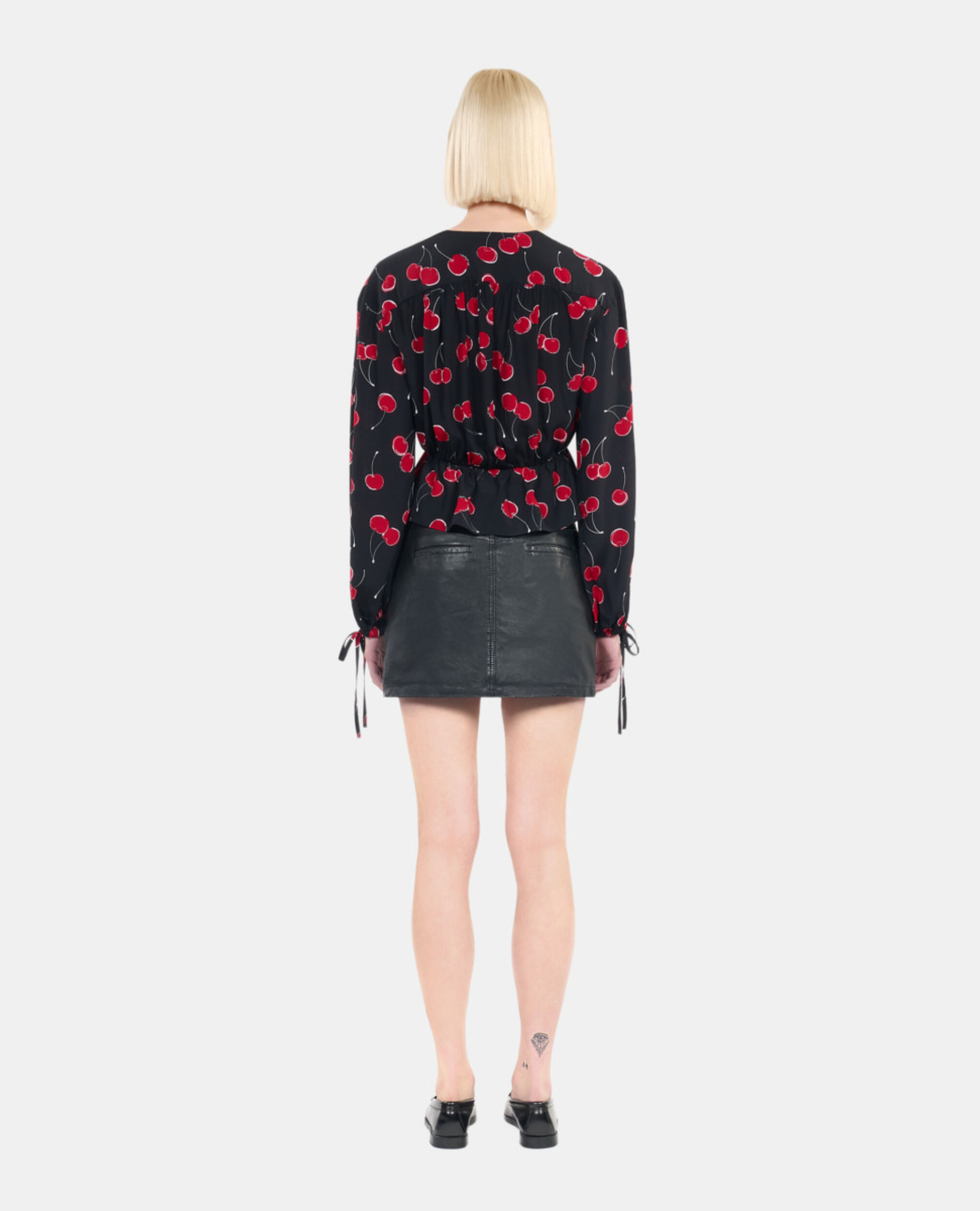 Cherry printed cropped top with ruffles, BLACK - RED, hi-res image number null