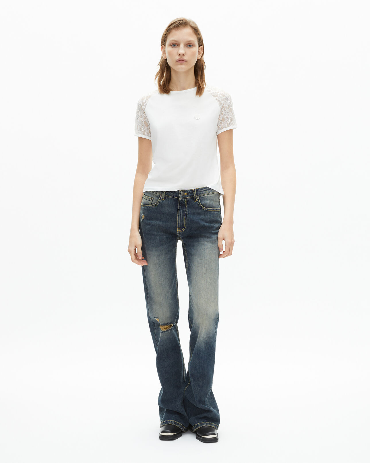 The Kooples FEMME ECRU t-shirt manches en dentelle blanc