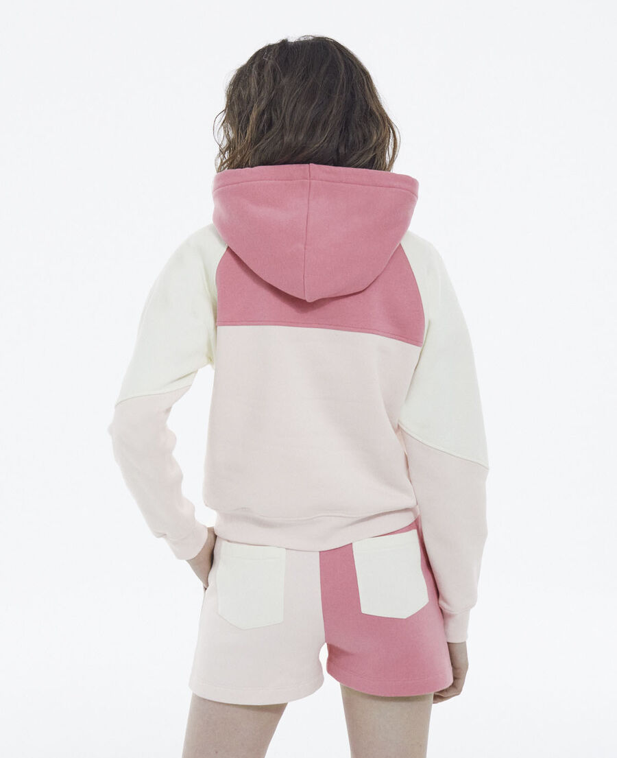 pink and ecru fleece sweatshirt with hood