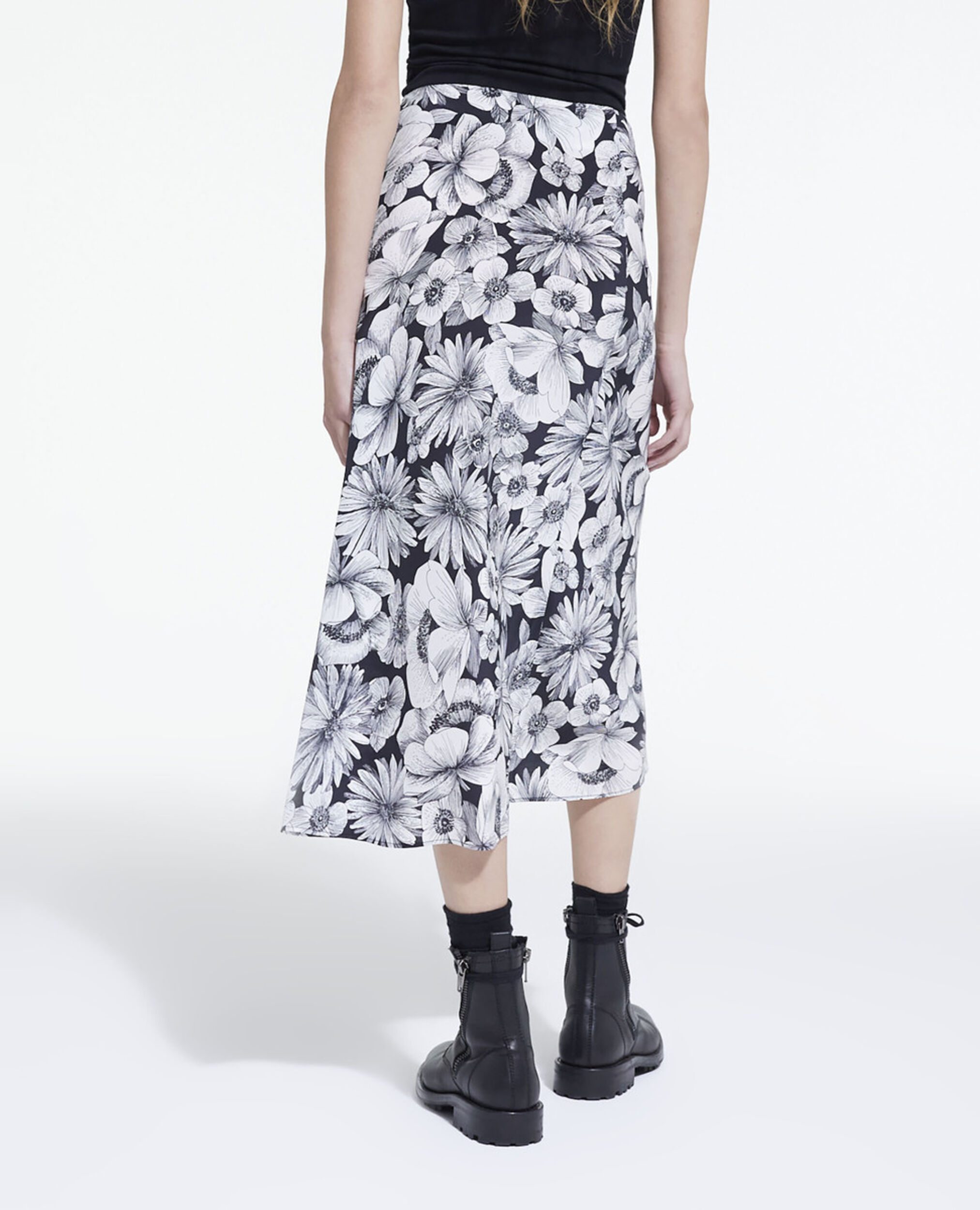 Long floral silk skirt, BLACK WHITE, hi-res image number null
