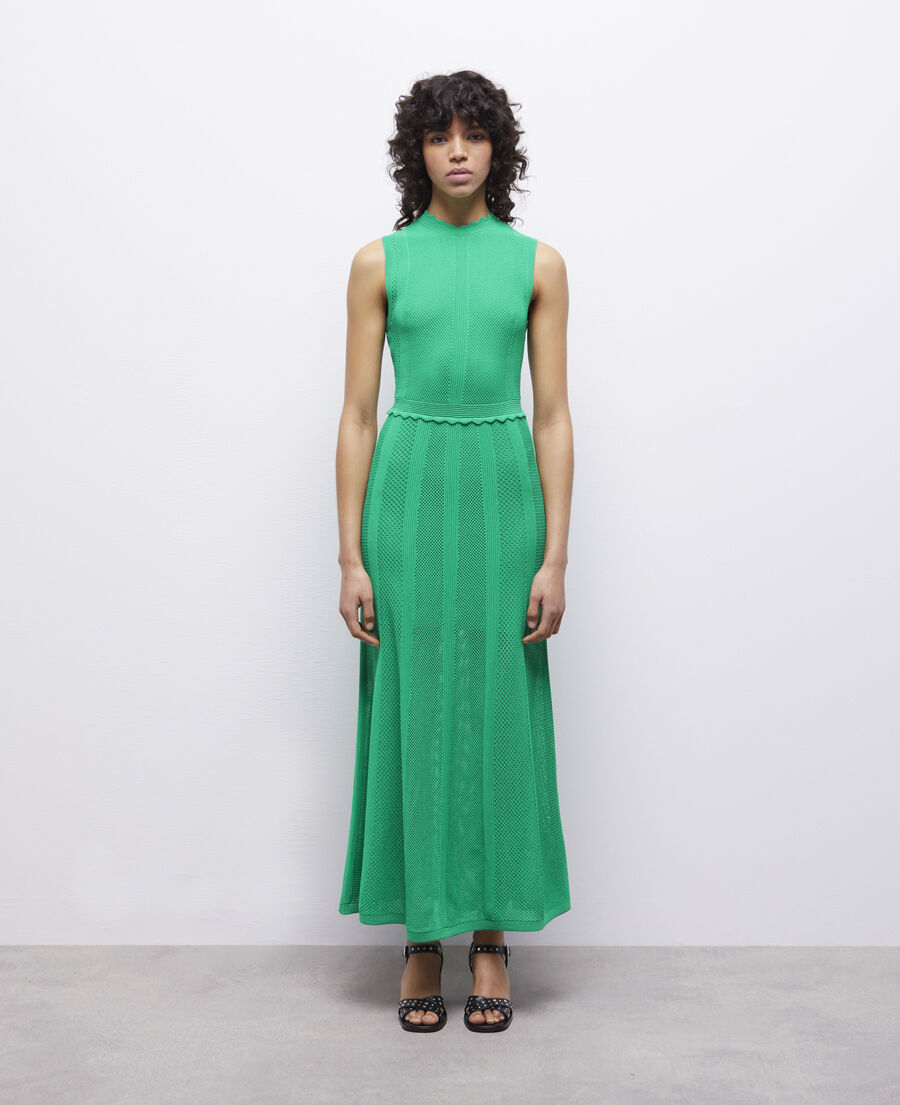 long green dress in openwork mesh