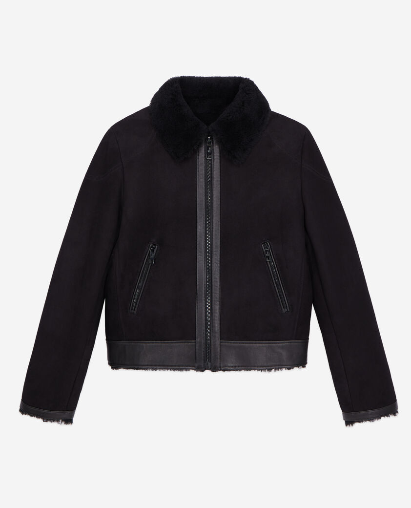 The Kooples FEMME BLACK blouson aviateur noir en peau lainée