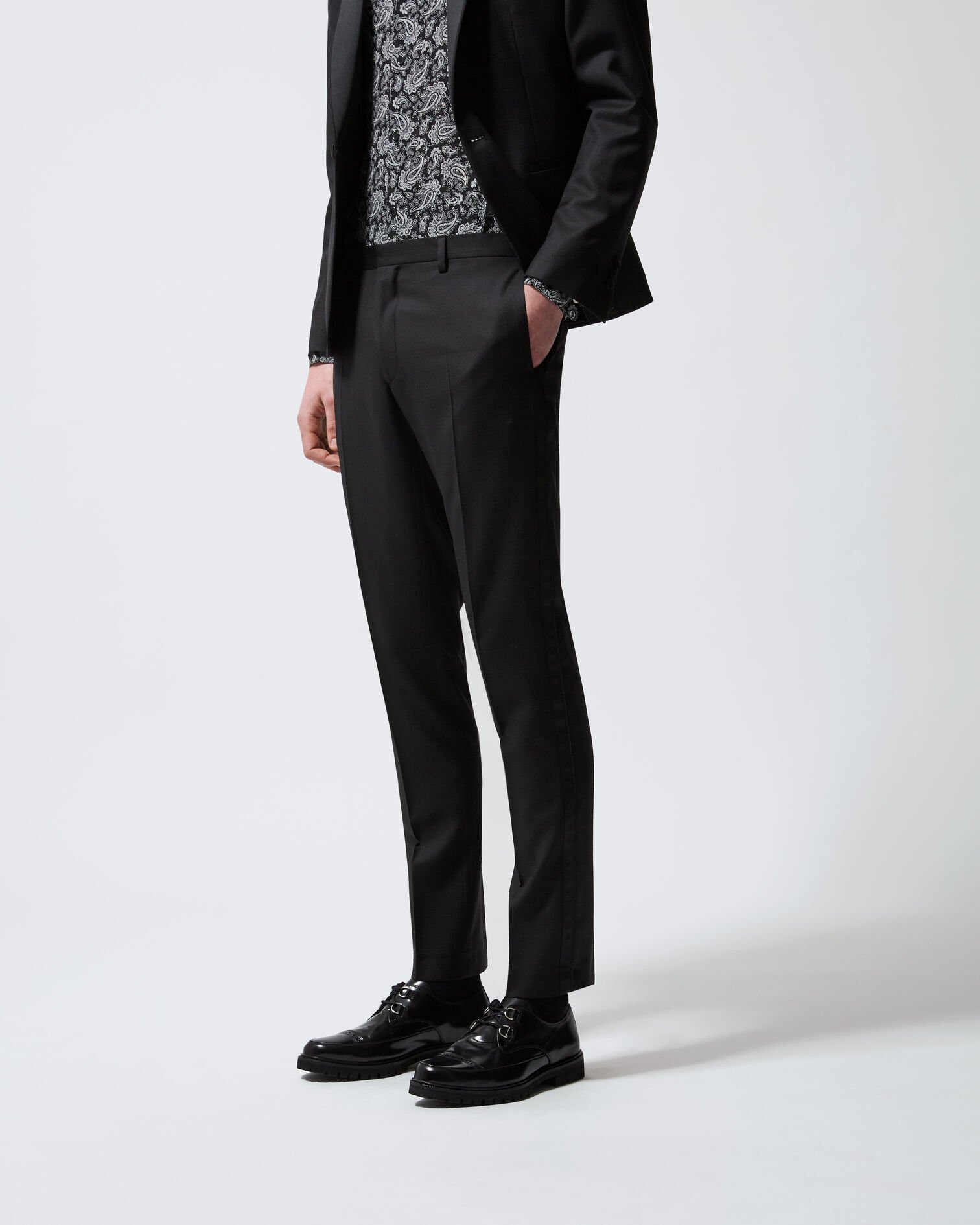Pantalon costume noir à bande satin, BLACK, hi-res image number null