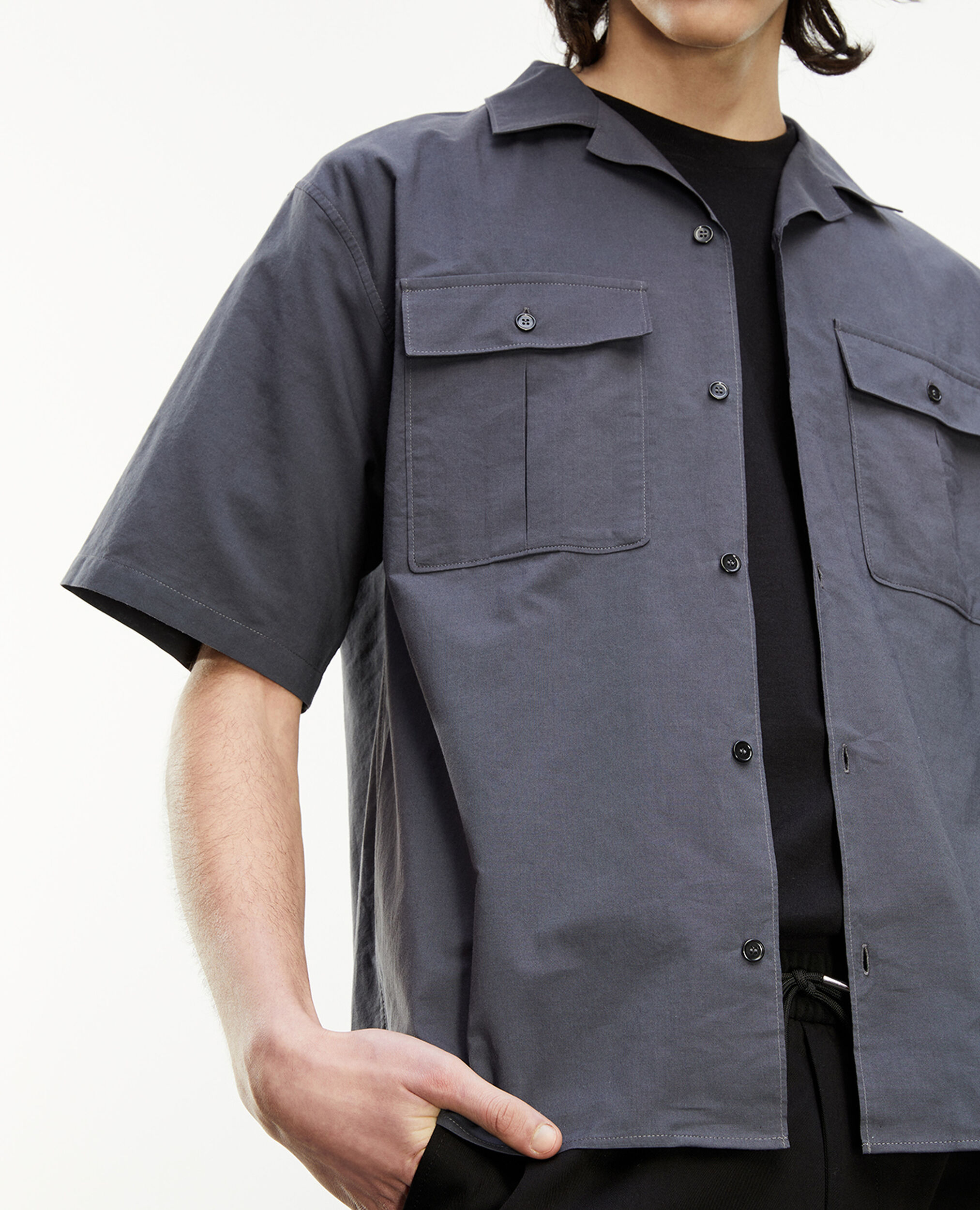 Charcoal gray cotton shirt with pockets, DARK GREY, hi-res image number null