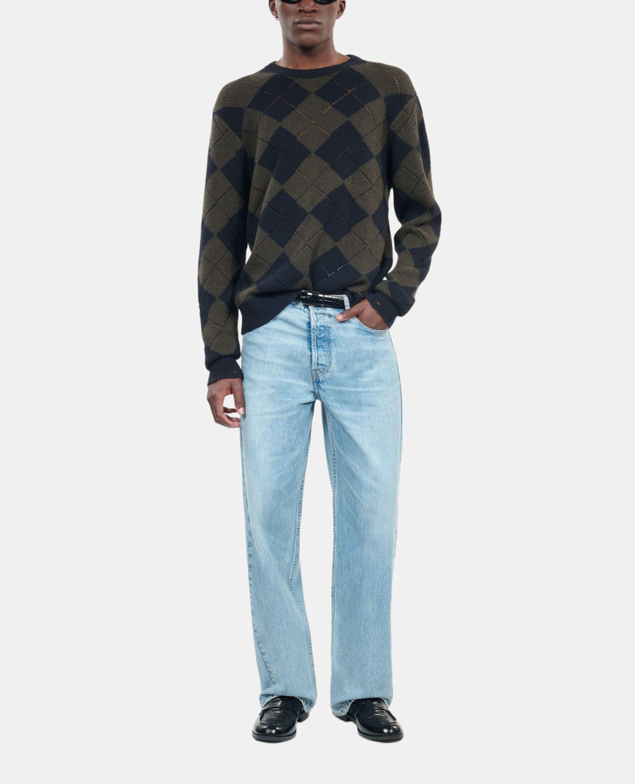 Black and khaki diamond sweater, GREEN NAVY, hi-res image number null