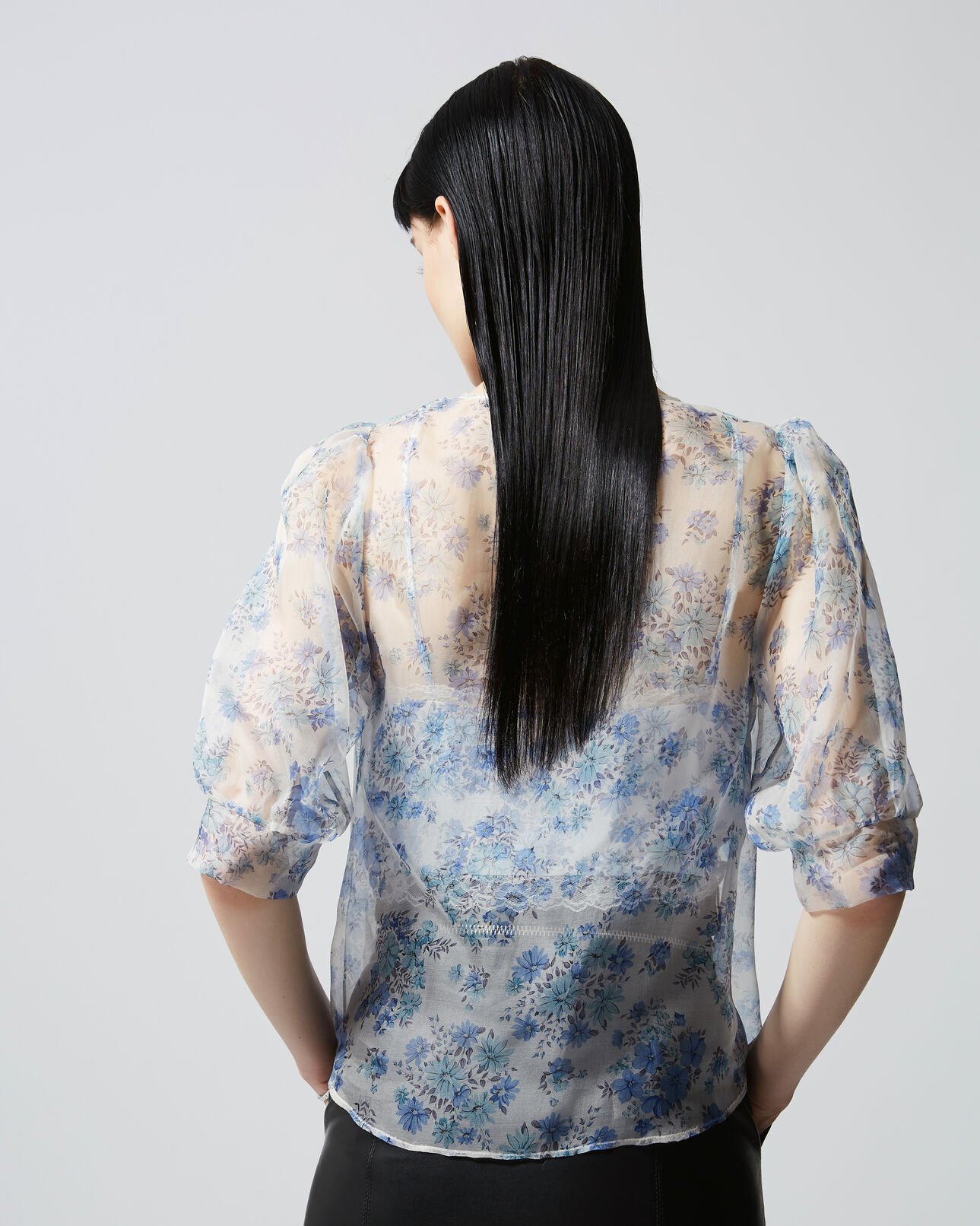 The Kooples WOMEN LIGHT BLUE see-through fitted floral top with buttons