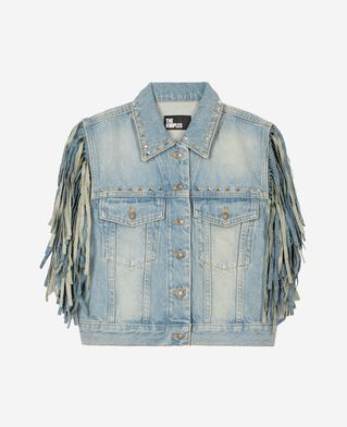 The Kooples FEMME BABY BLUE blouson en denim avec franges et studs bleu