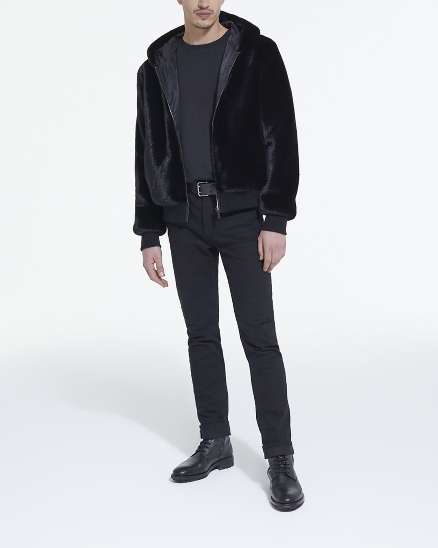 Manteau fausse fourrure à capuche gris, BLACK, hi-res image number null