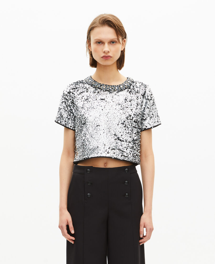 The Kooples FEMME SILVER top court en sequins silver