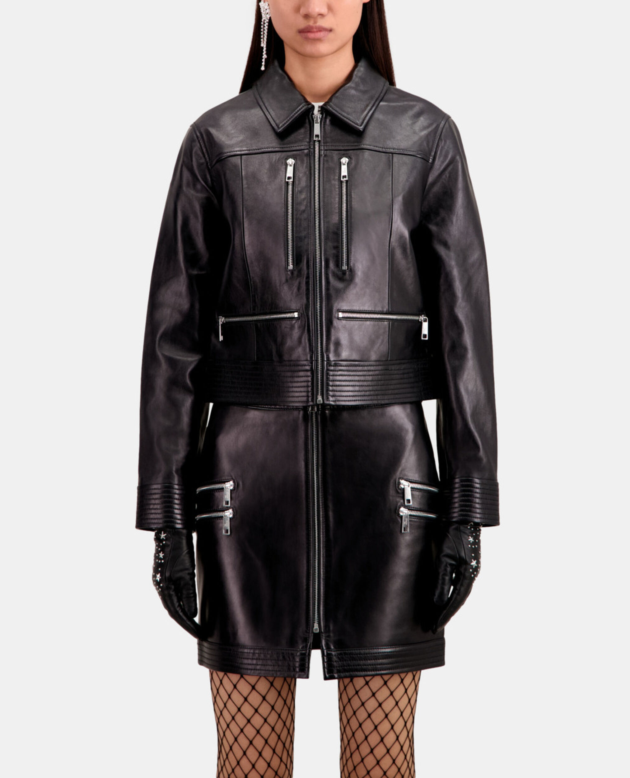 Blouson biker en cuir avec zip noir, BLACK, hi-res image number null