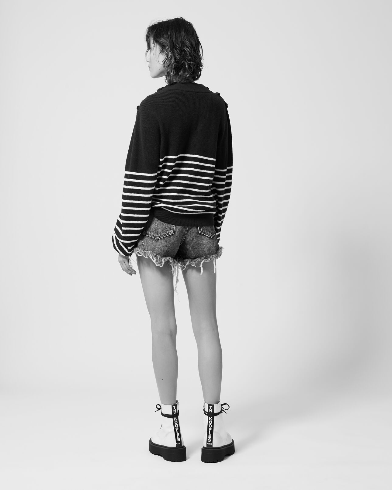 The Kooples FEMME NAVY pull marinière laine bleu marine boutons cuir
