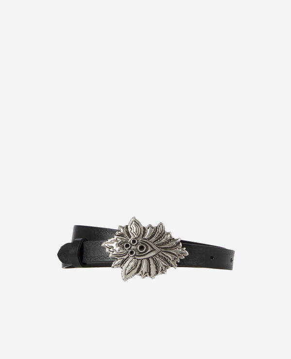 thin black leather belt with flower buckle