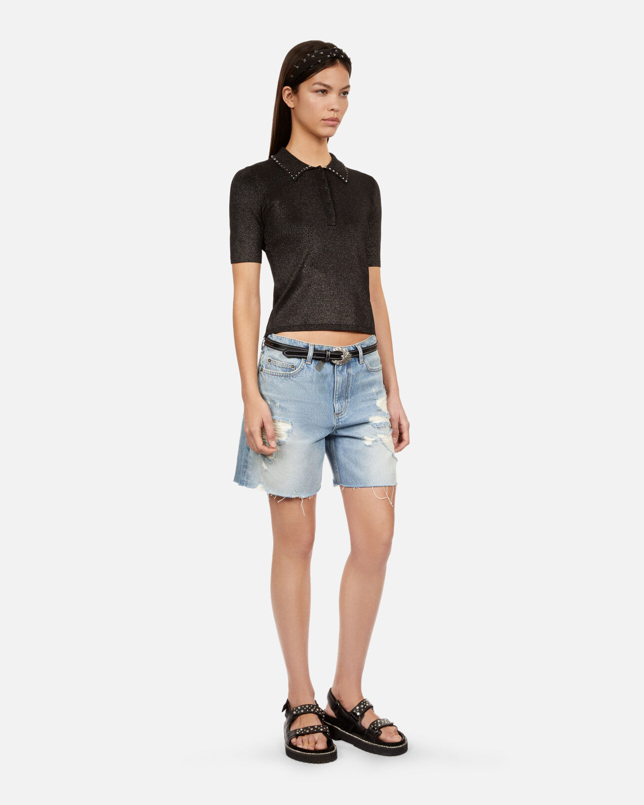 The Kooples WOMEN BLACK black mesh polo t-shirt