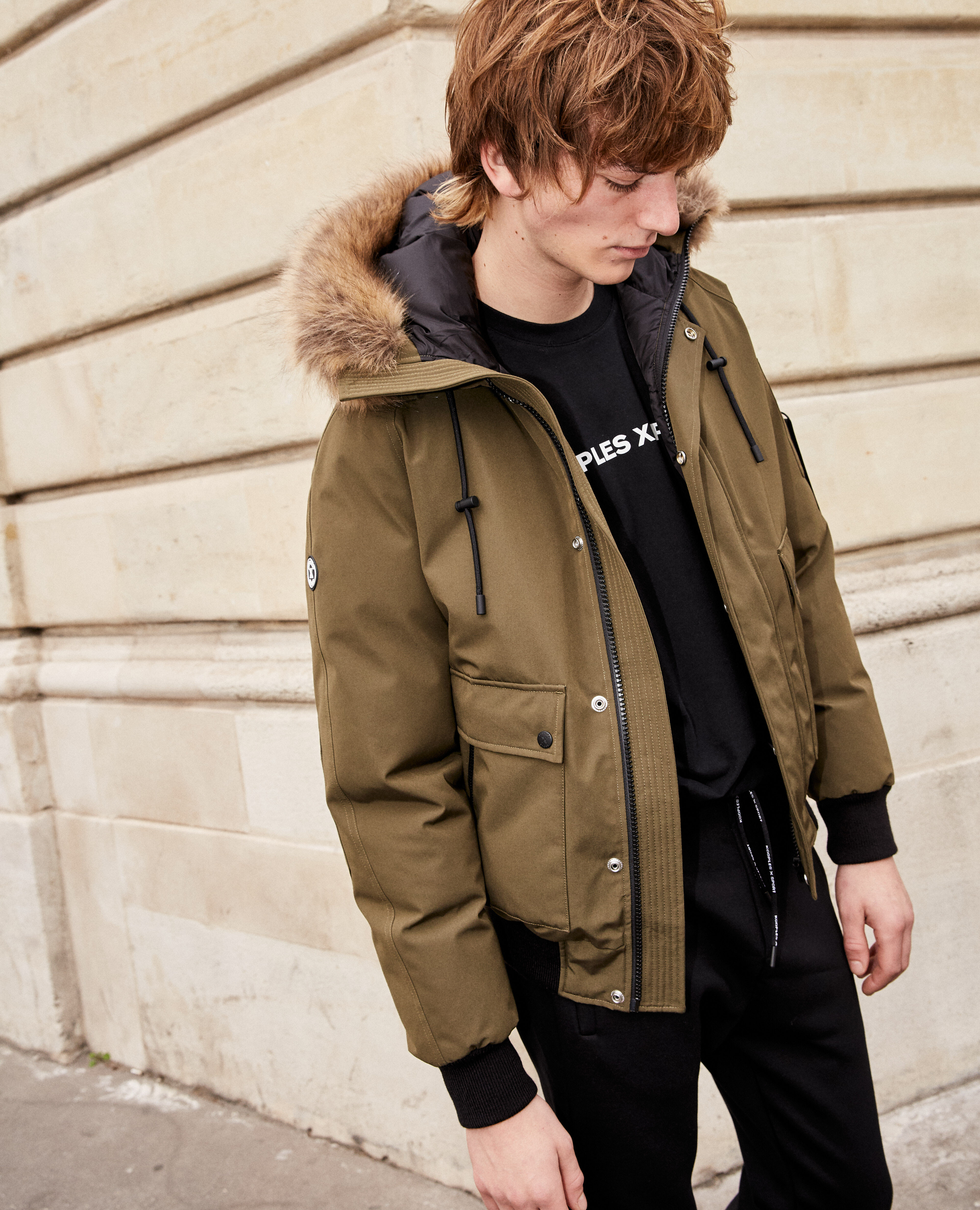 Cropped khaki down jacket with lined hood