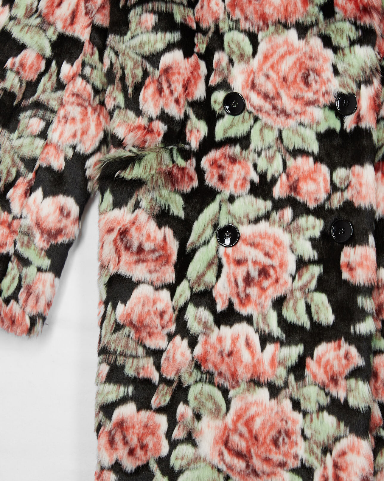 The Kooples WOMEN BLACK / PINK long fur coat with neon rose print