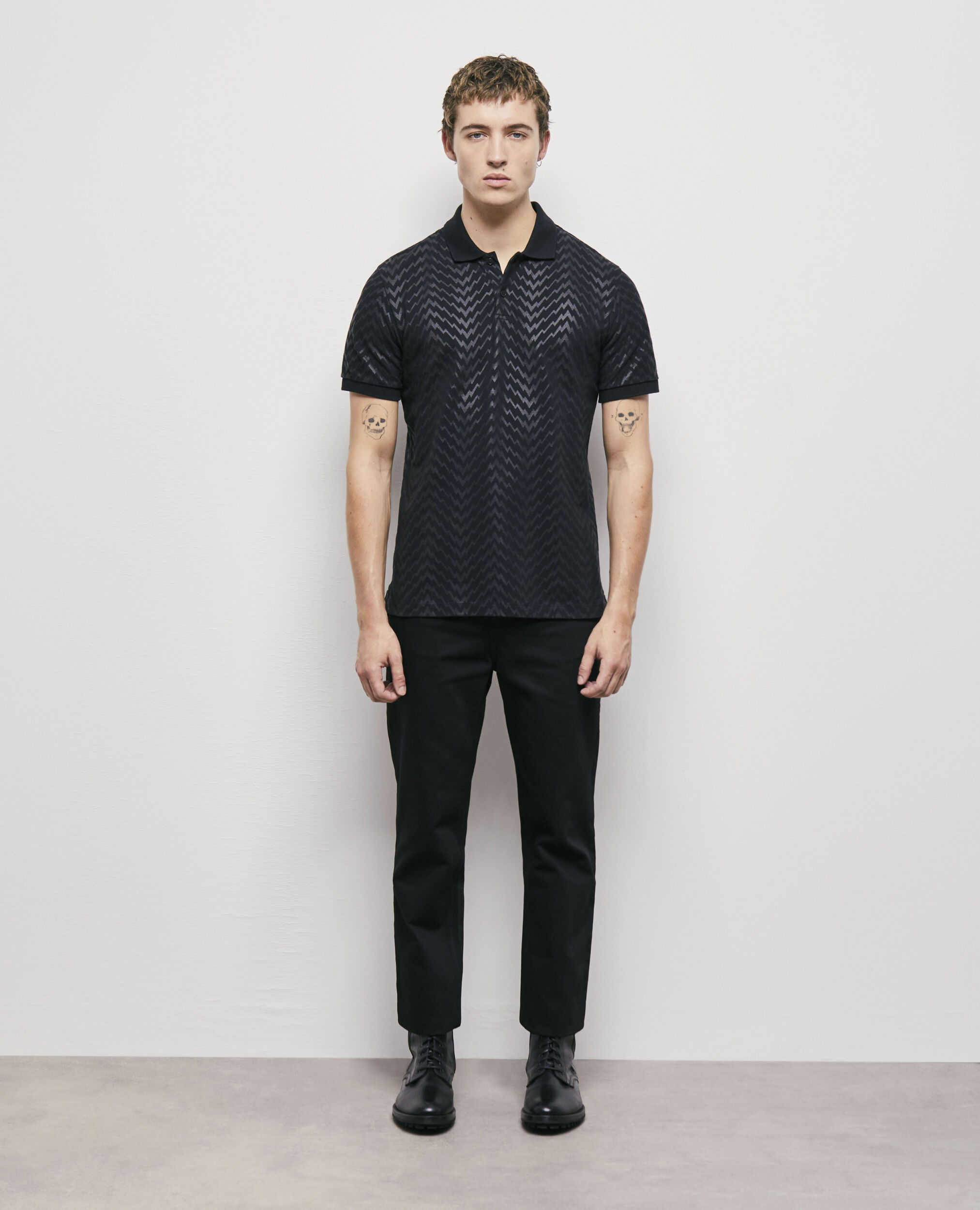 Black printed polo shirt, BLACK, hi-res image number null