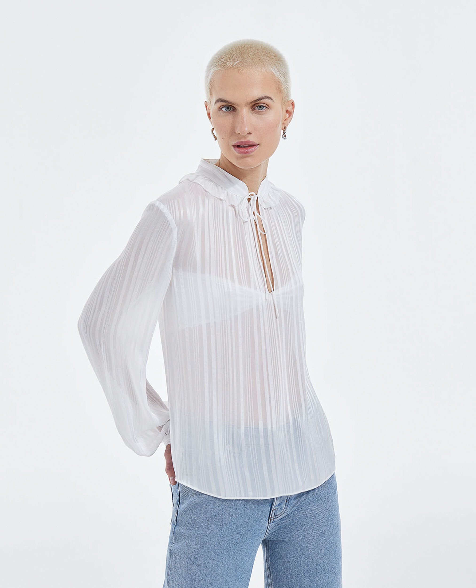 Loose-fitting knotted collar striped ecru top, WHITE, hi-res image number null