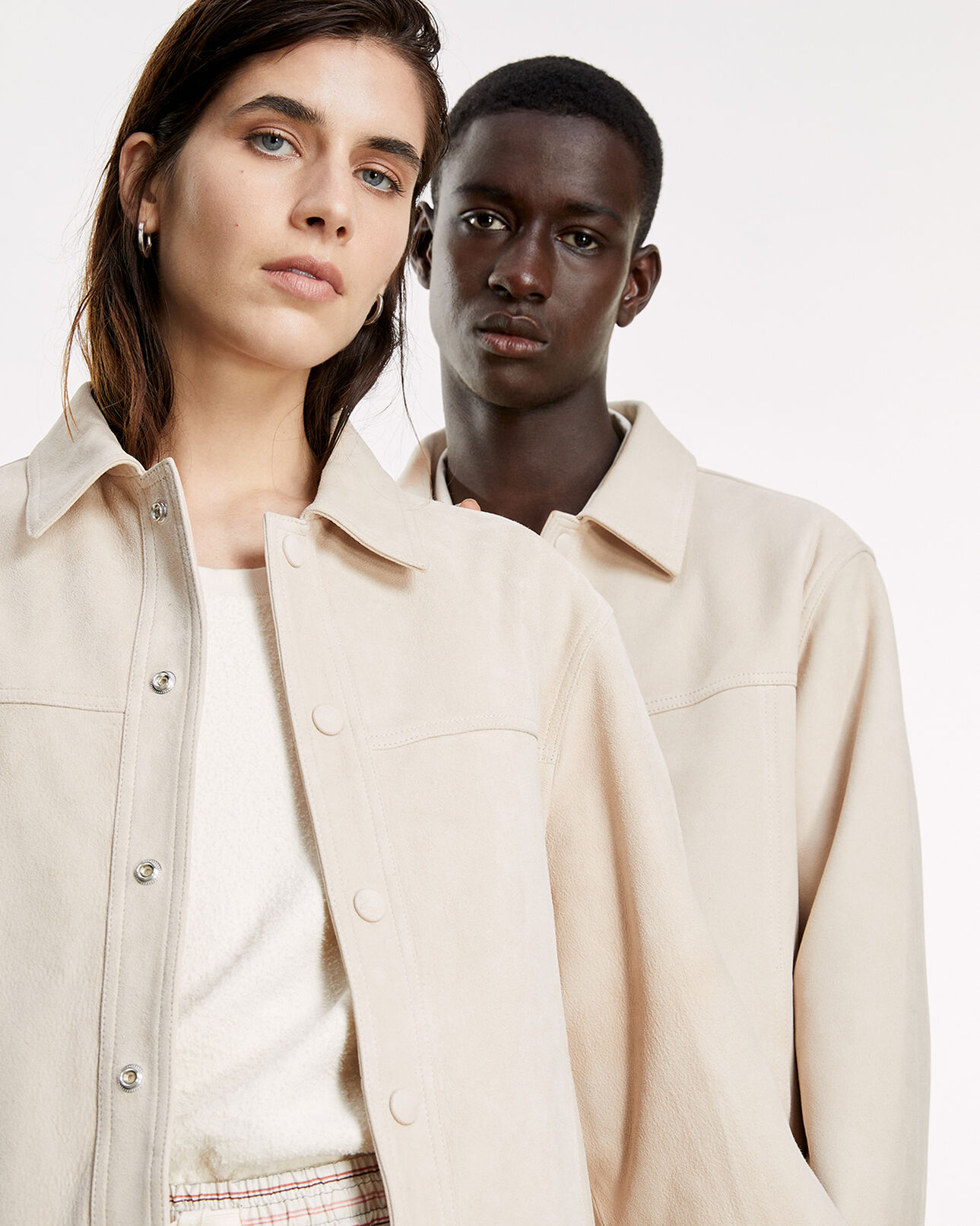 The Kooples MEN LIGHT BEIGE suede-like beige leather shirt w/buttons