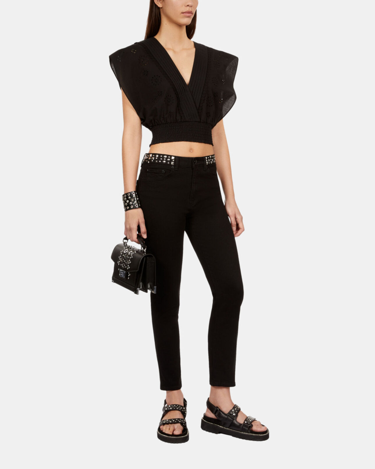 The Kooples WOMEN BLACK black short top in english embroidery