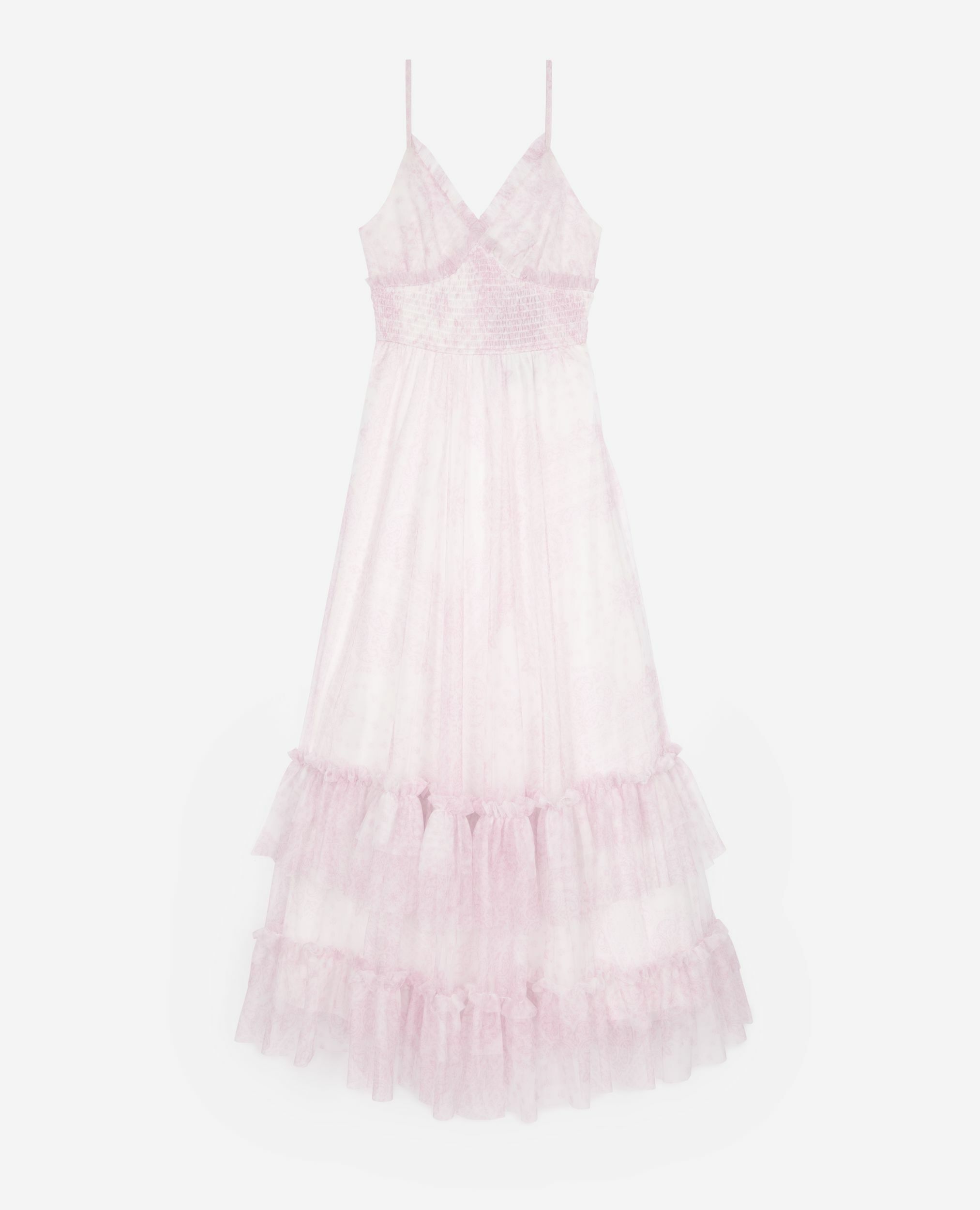 Long dress in pale pink printed tulle, WHITE - PINK, hi-res image number null