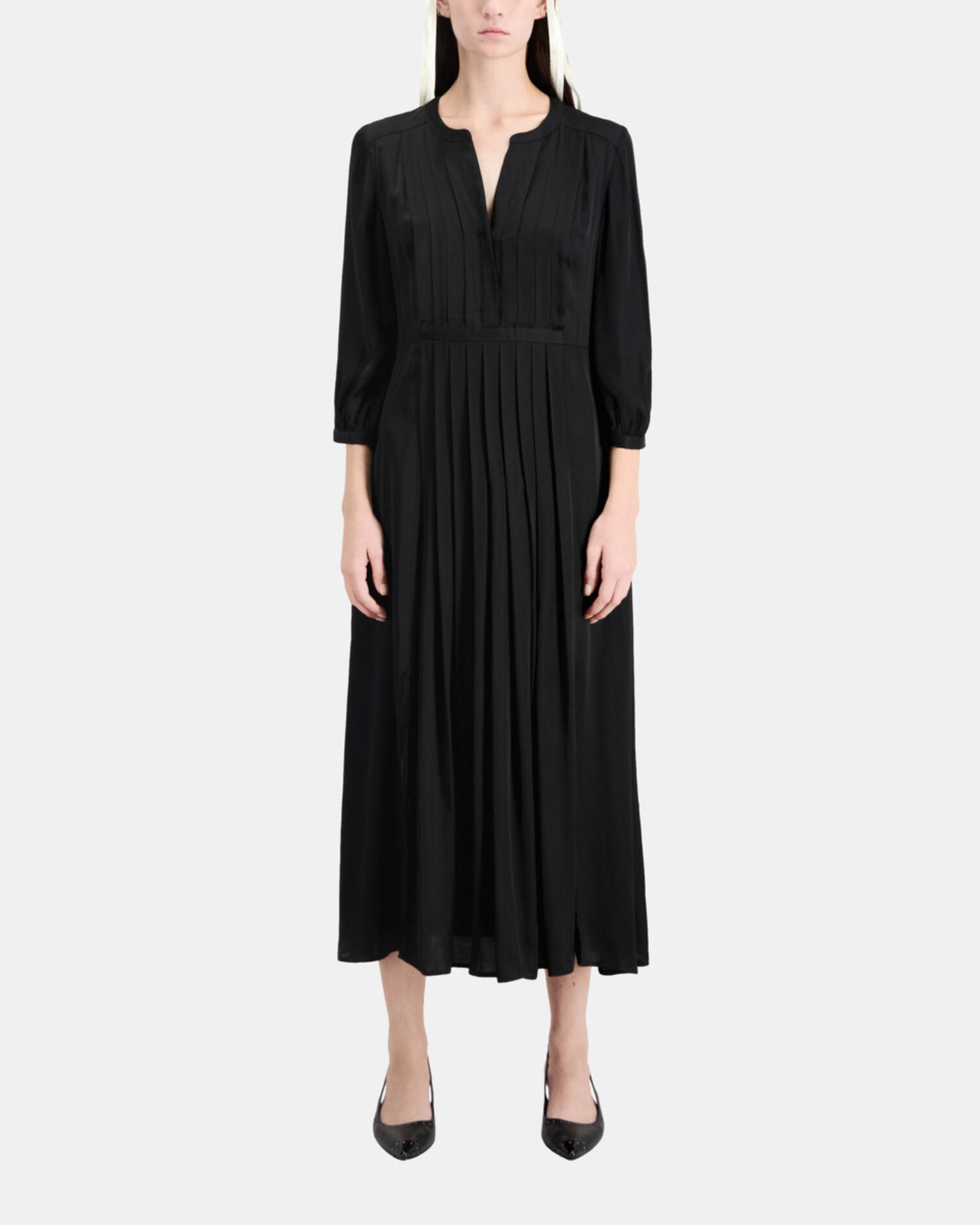 Robe longue noire avec plissage, BLACK, hi-res image number null