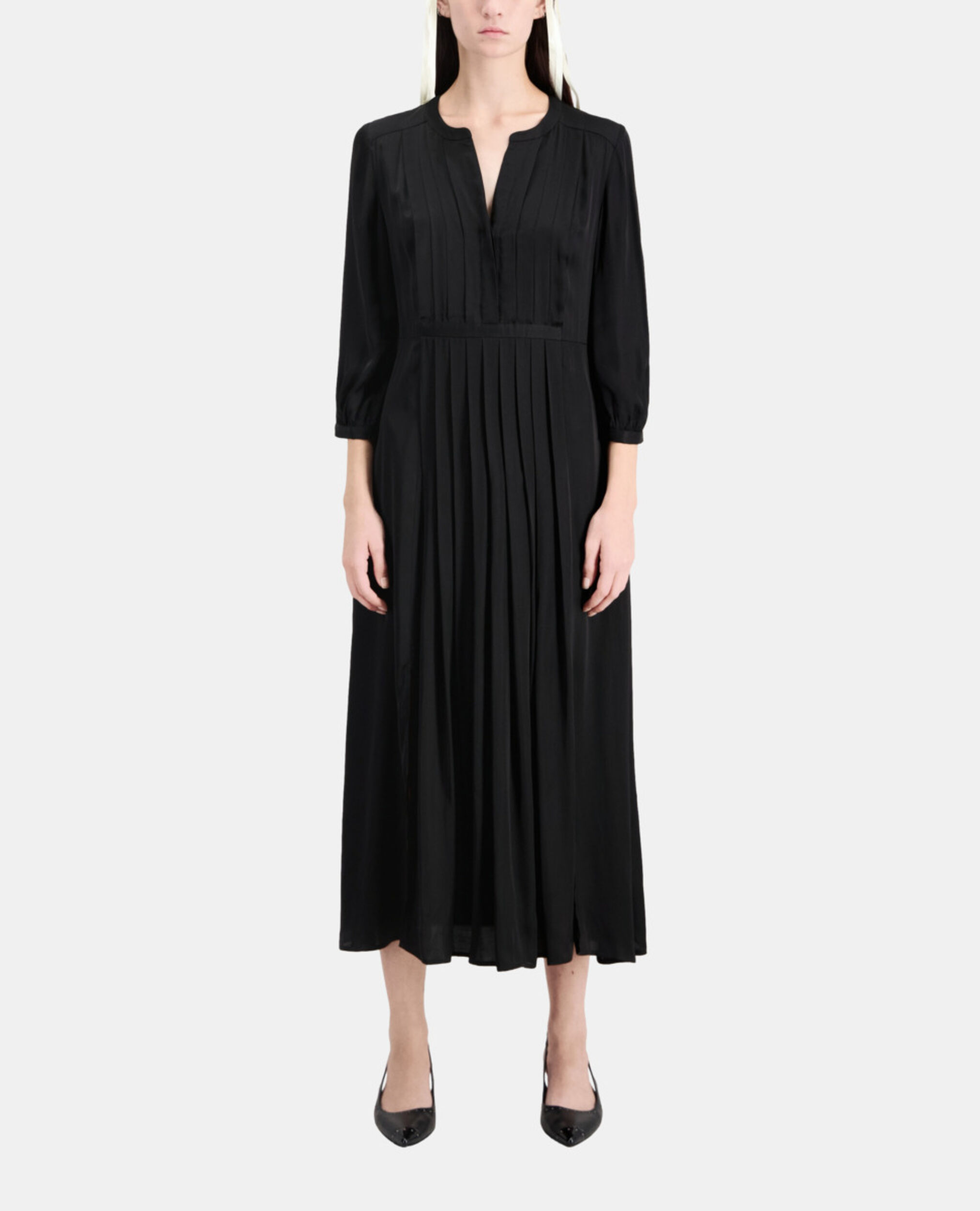 Robe longue noire avec plissage, BLACK, hi-res image number null
